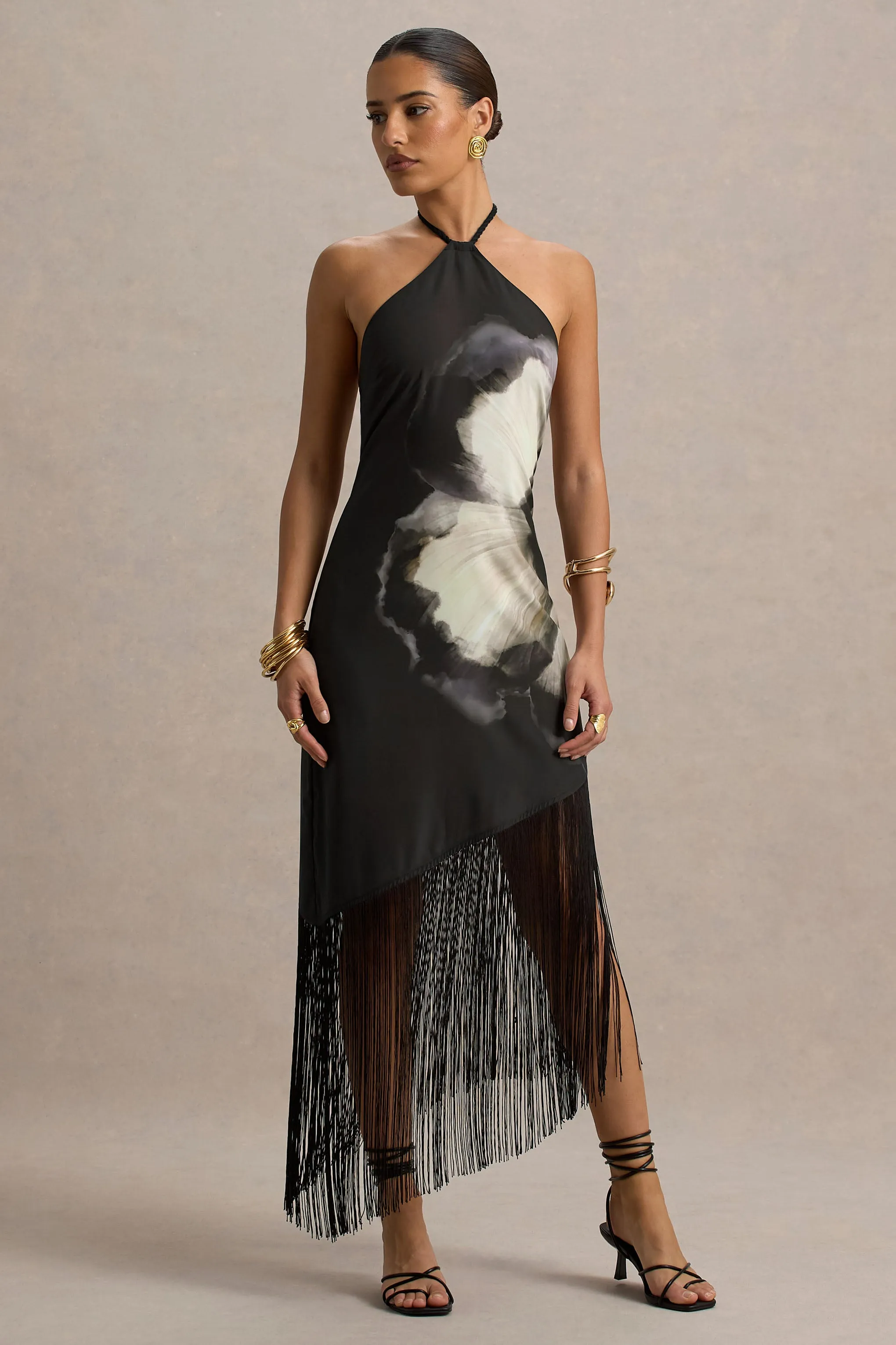 Dhalia | Black Floral Print Halter-Neck Fringe Maxi Dress sold by Club L London