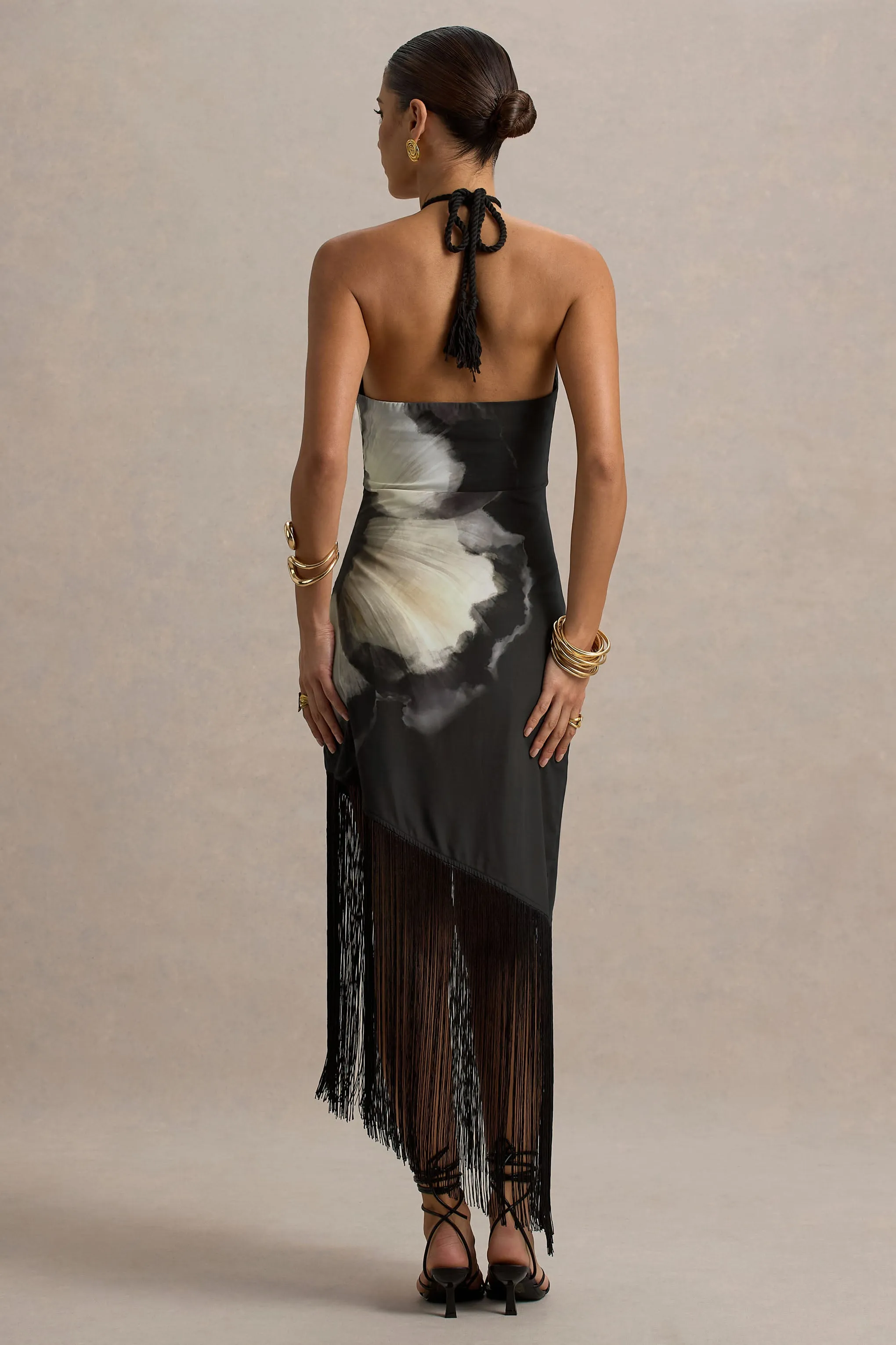 Dhalia | Black Floral Print Halter-Neck Fringe Maxi Dress sold by Club L London product image thumbnail 2
