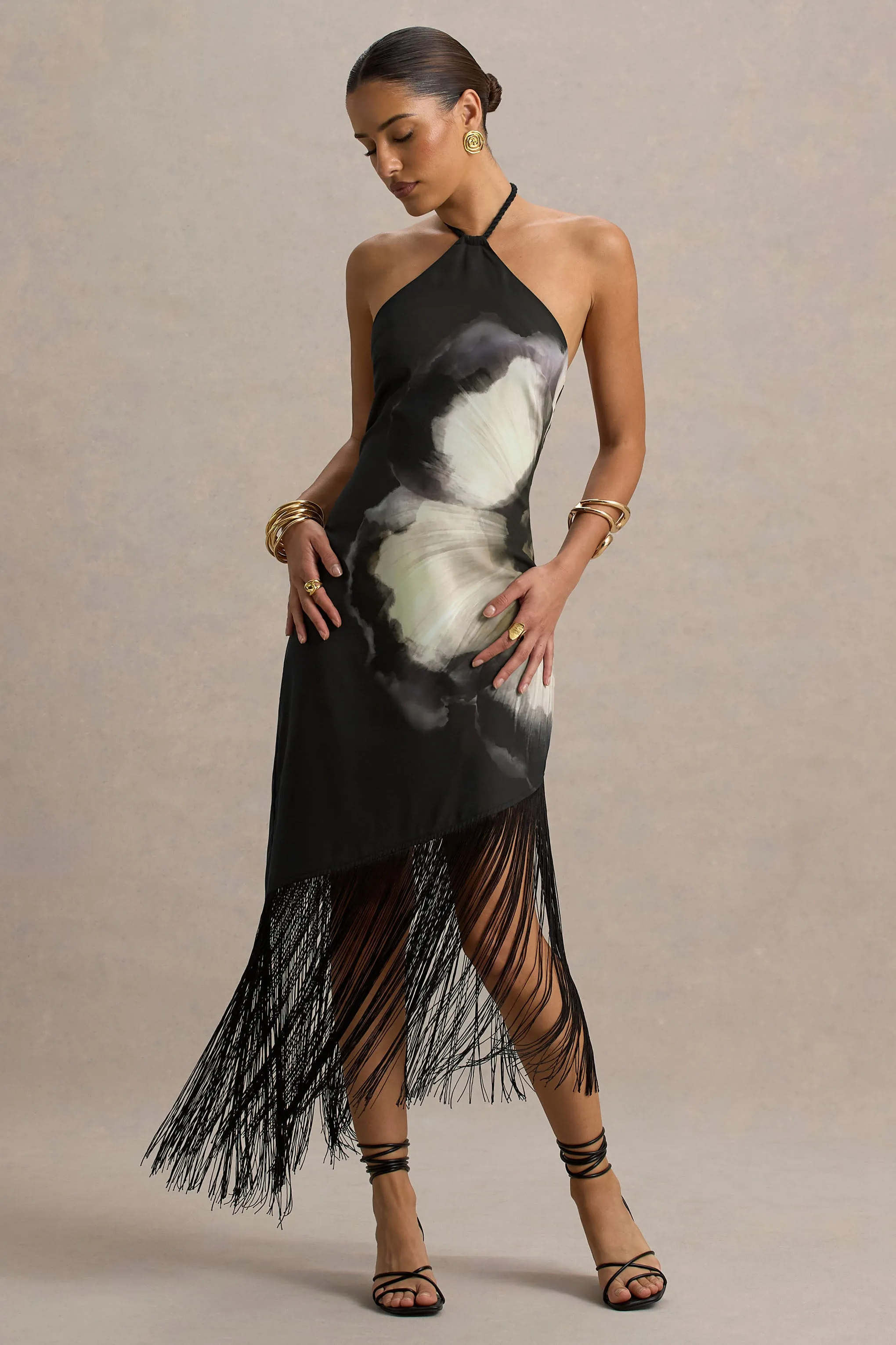 Dhalia | Black Floral Print Halter-Neck Fringe Maxi Dress sold by Club L London product image thumbnail 5