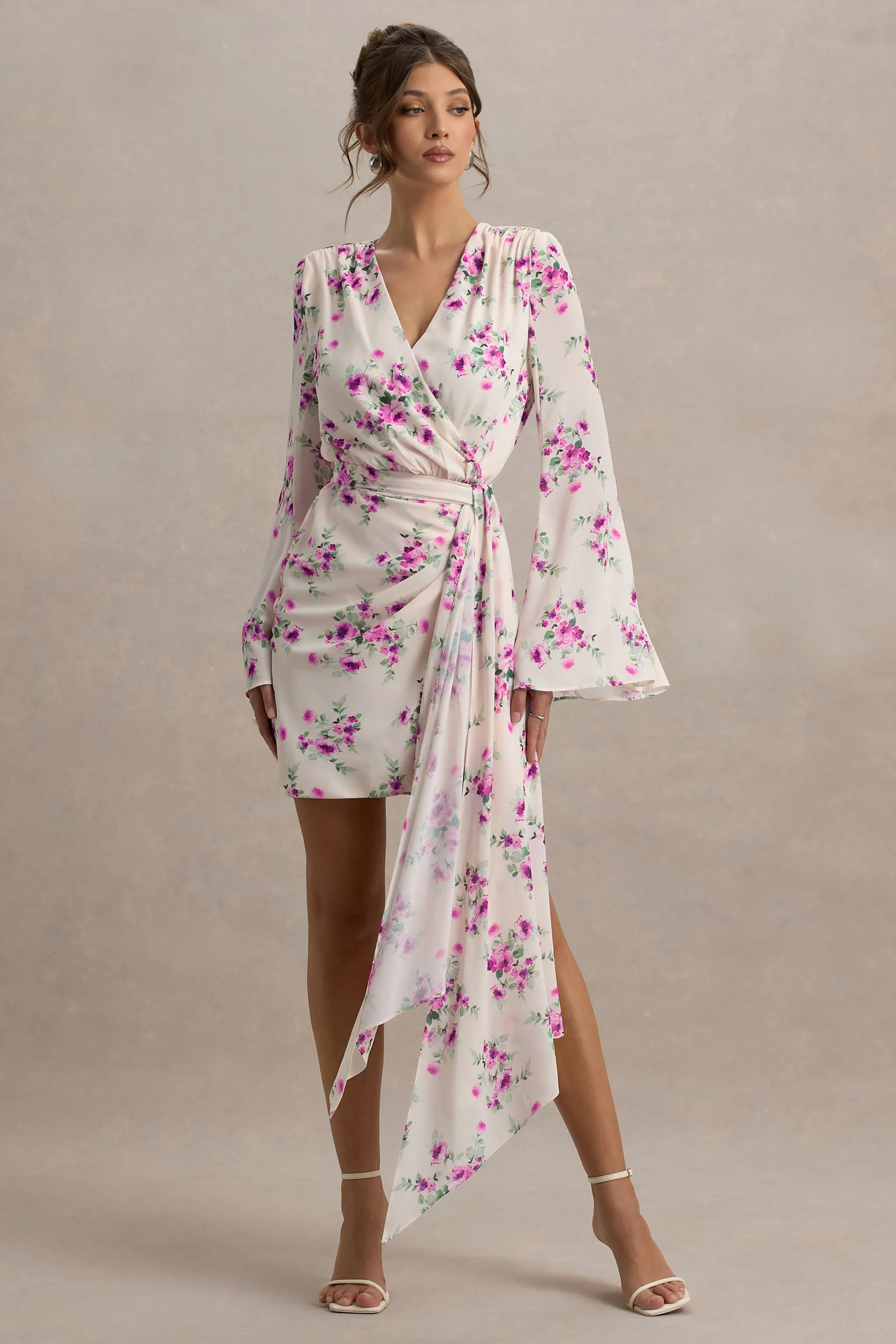 Goldie | Cream Floral Print Chiffon Long-Sleeve Wrap Mini Dress sold by Club L London