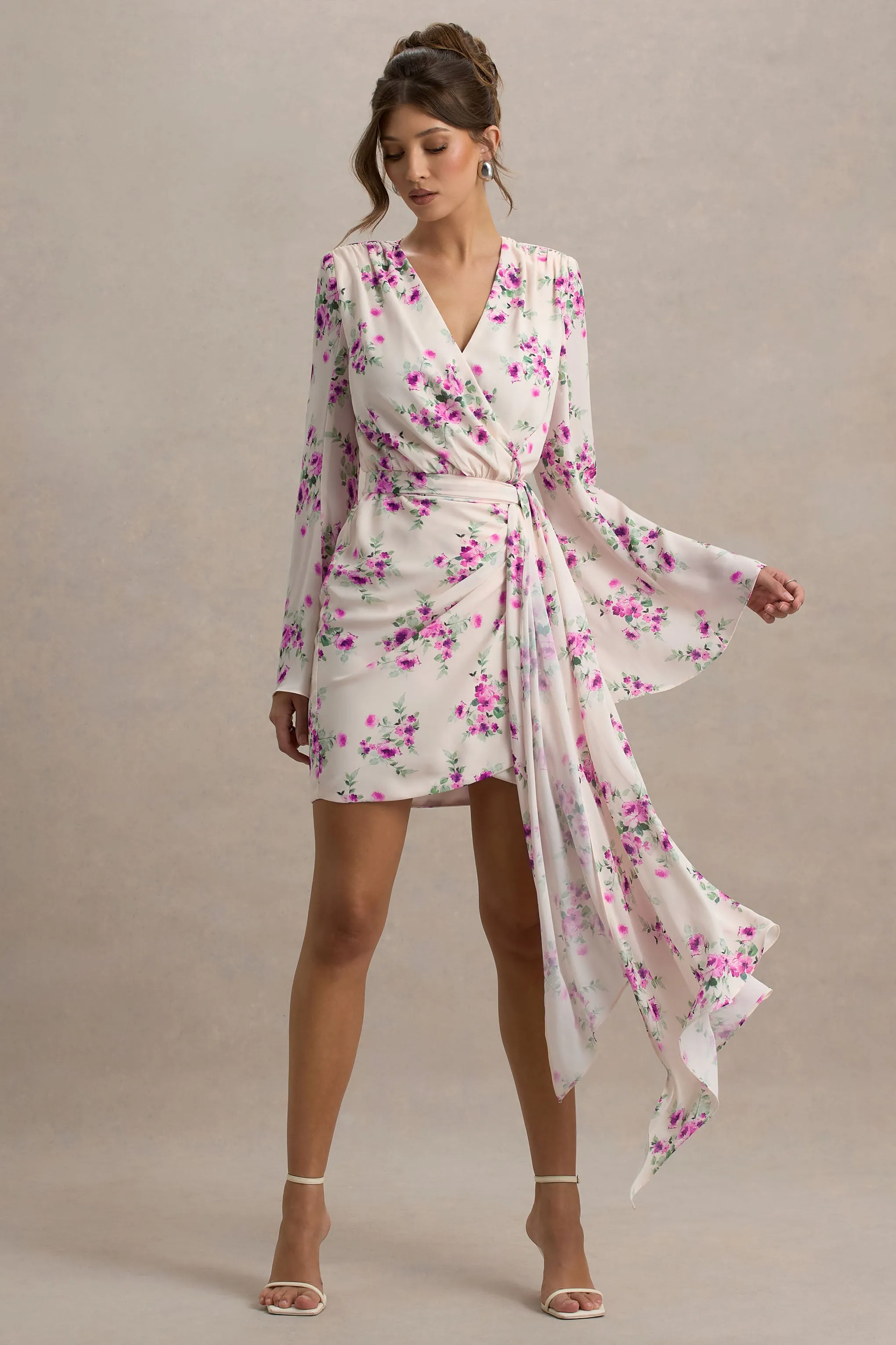 Goldie | Cream Floral Print Chiffon Long-Sleeve Wrap Mini Dress sold by Club L London product image thumbnail 4