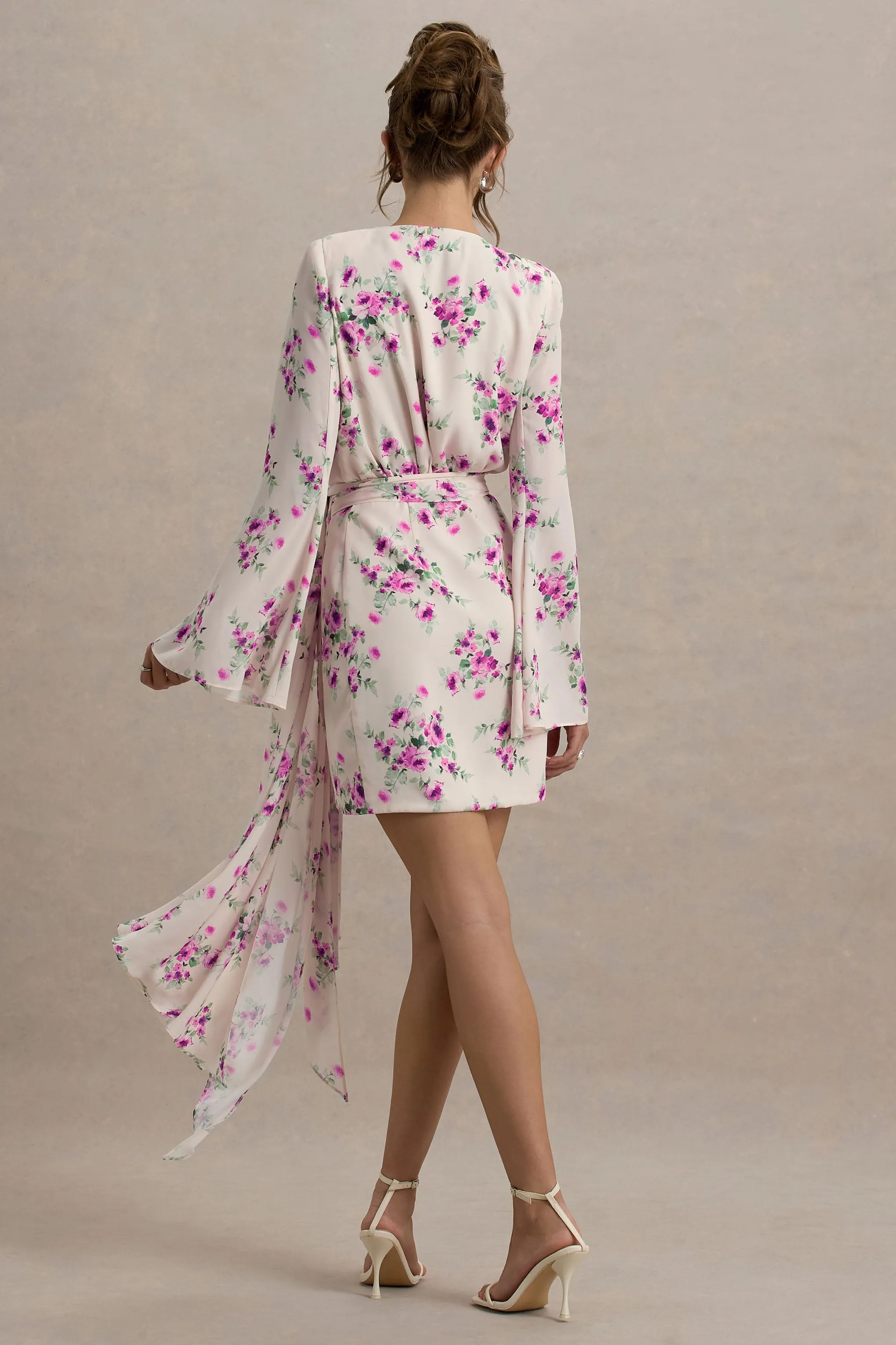 Goldie | Cream Floral Print Chiffon Long-Sleeve Wrap Mini Dress sold by Club L London product image thumbnail 2