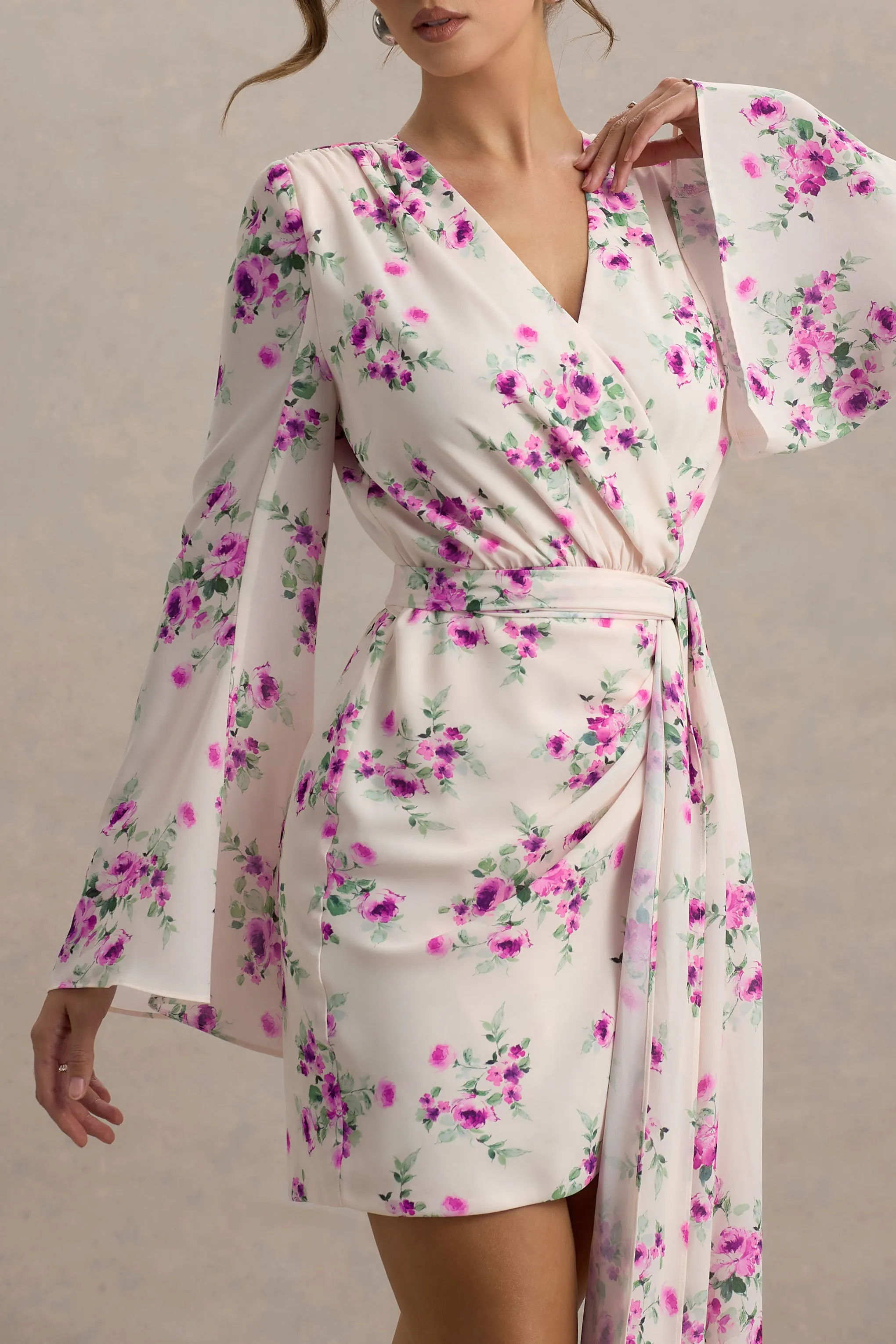 Goldie | Cream Floral Print Chiffon Long-Sleeve Wrap Mini Dress sold by Club L London product image thumbnail 3