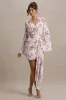 Goldie | Cream Floral Print Chiffon Long-Sleeve Wrap Mini Dress sold by Club L London