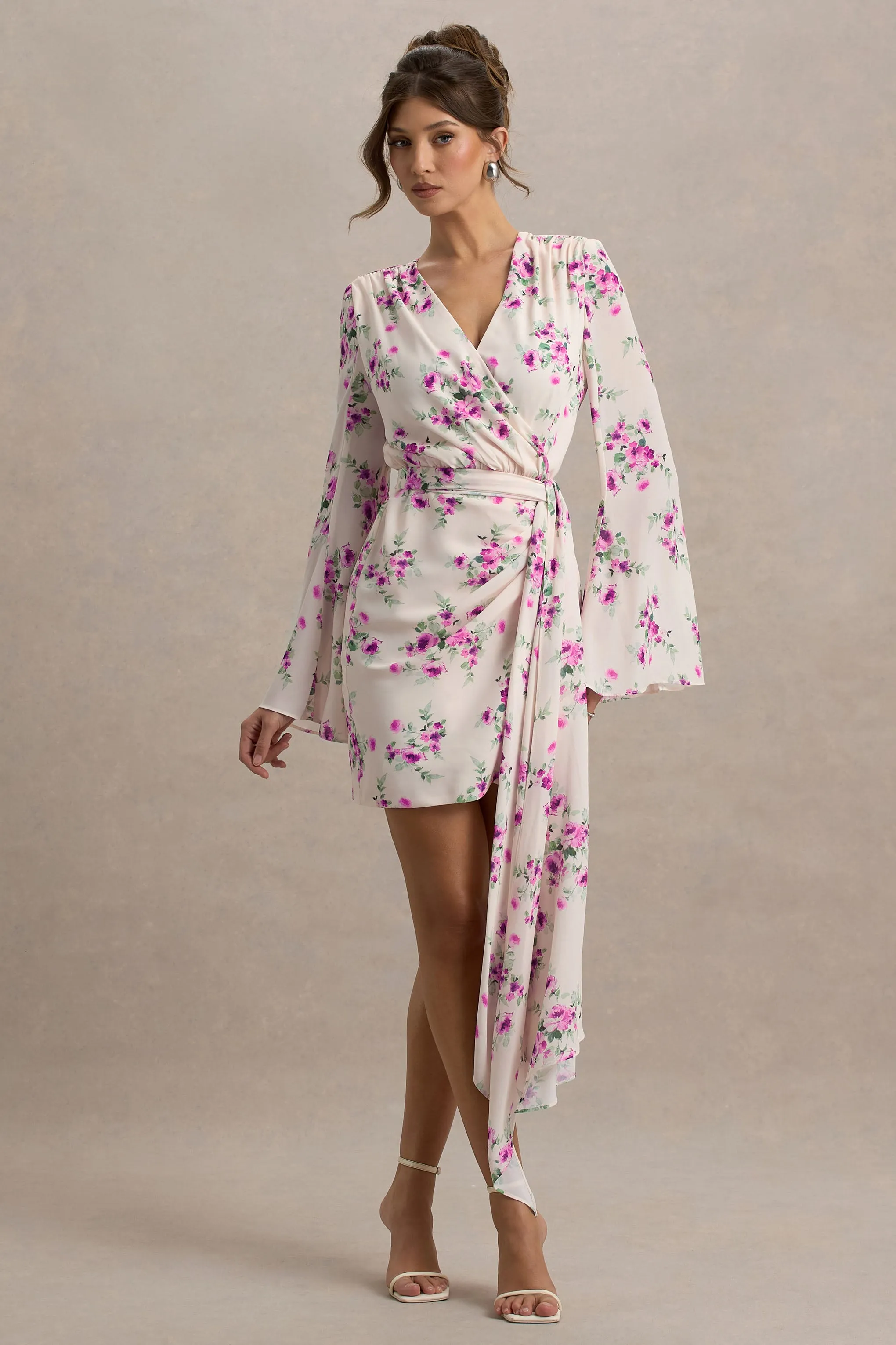 Goldie | Cream Floral Print Chiffon Long-Sleeve Wrap Mini Dress sold by Club L London product image thumbnail 5