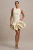 Tamie | Stone Boat-Neck Ruffled Mini Dress sold by Club L London