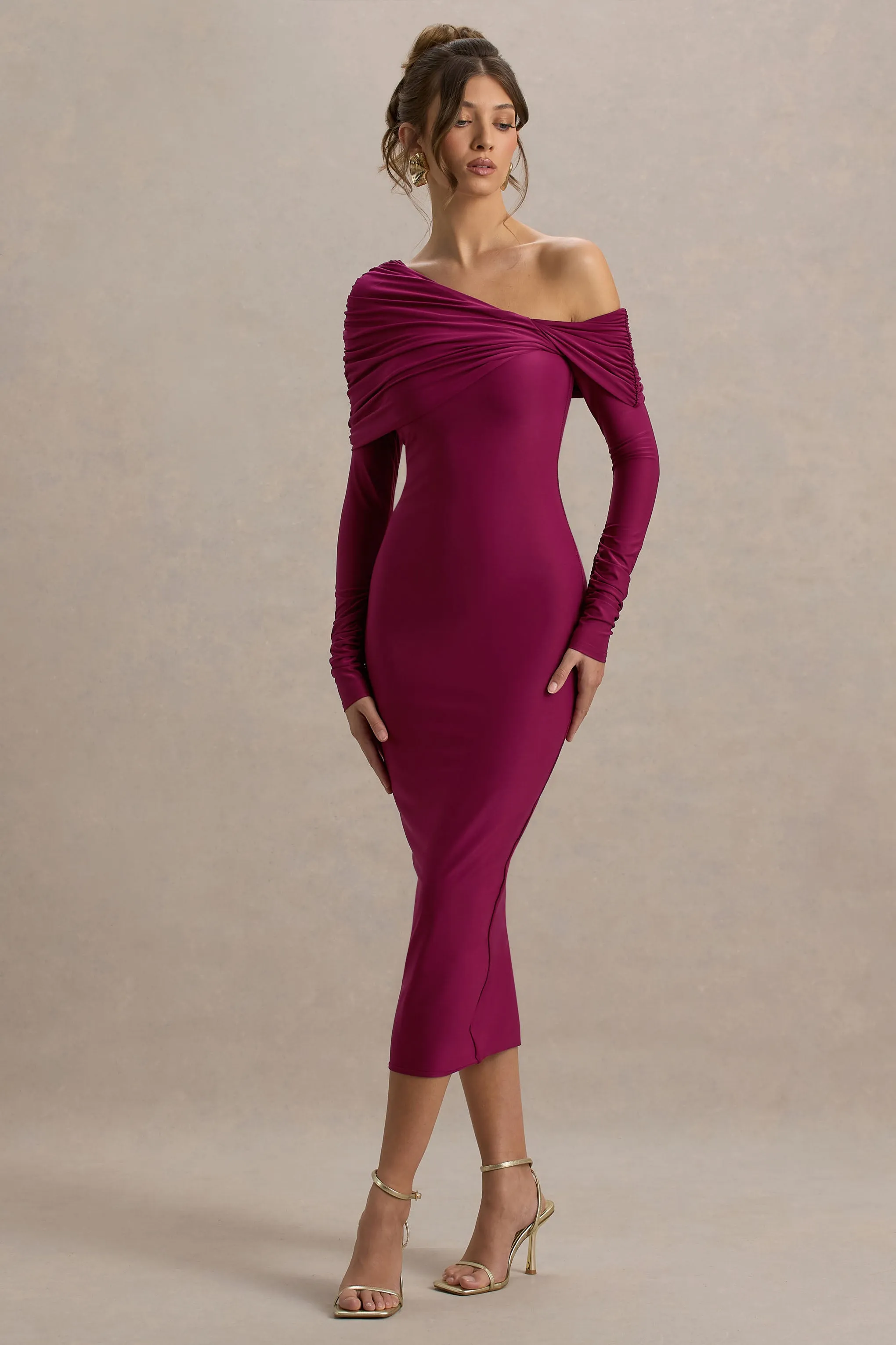 Cleo | Burgundy Bodycon Midi Dress With Mesh Sleeves sold by Club L London product image thumbnail 4