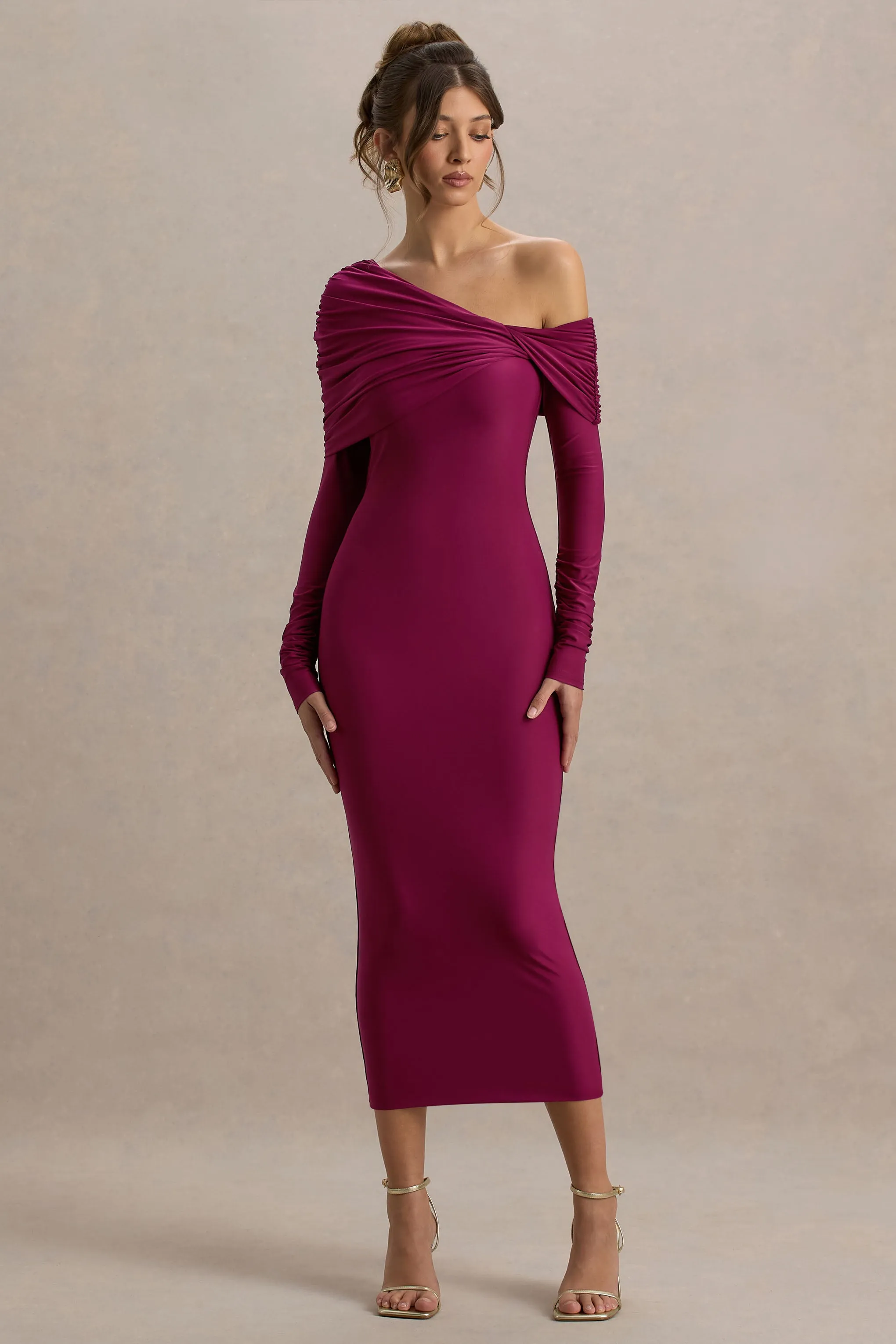 Cleo | Burgundy Bodycon Midi Dress With Mesh Sleeves sold by Club L London product image thumbnail 5