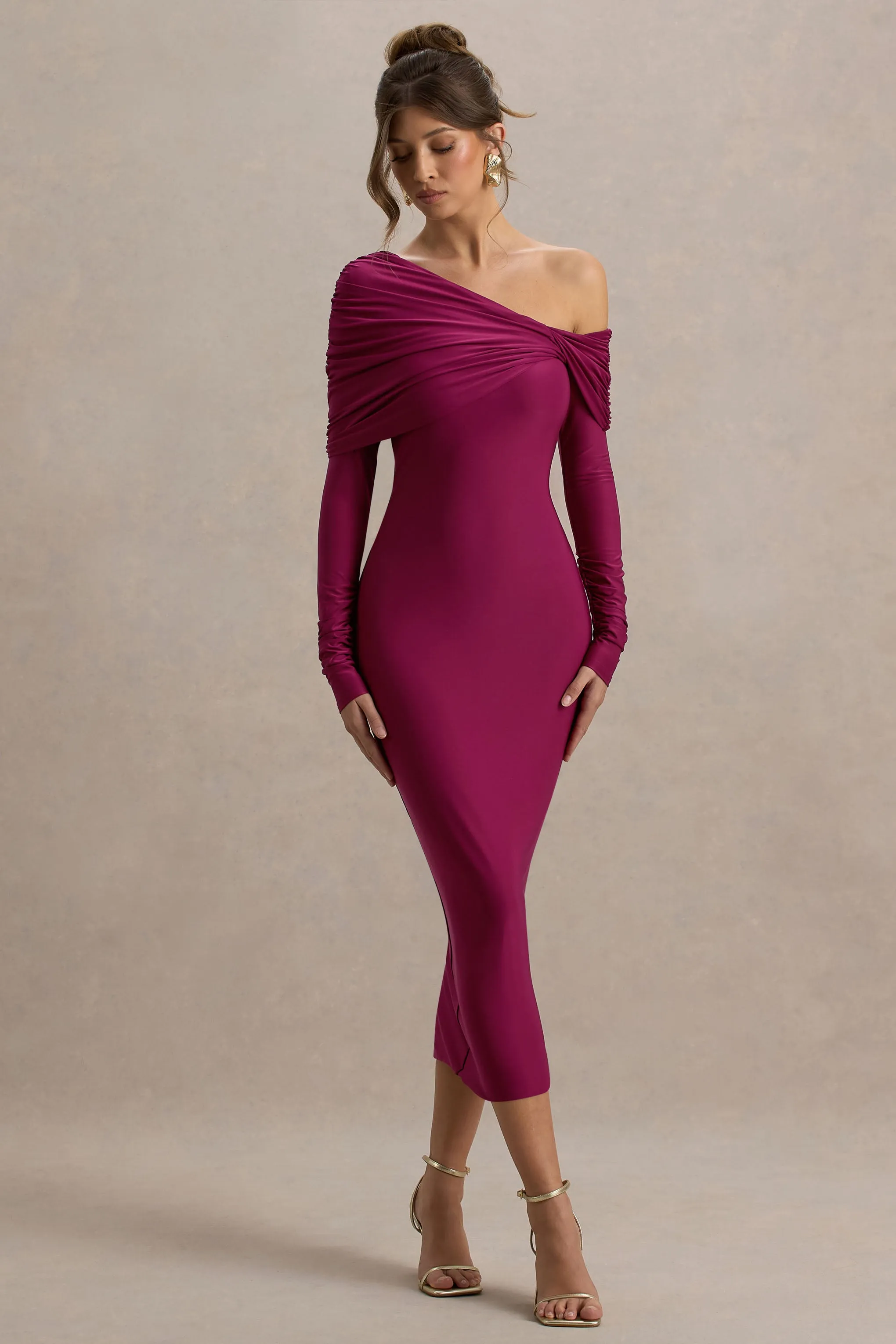 Cleo | Burgundy Bodycon Midi Dress With Mesh Sleeves sold by Club L London
