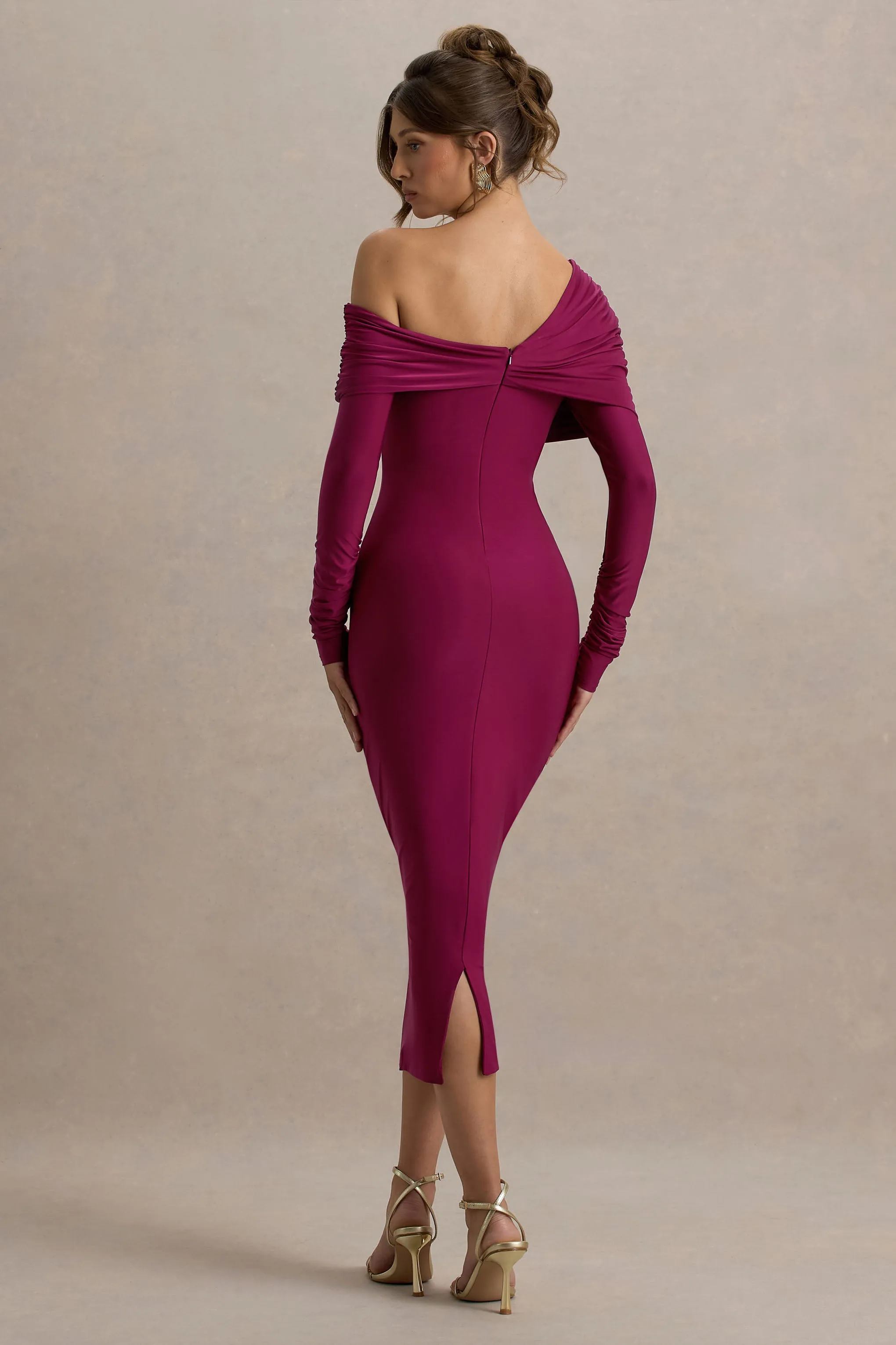 Cleo | Burgundy Bodycon Midi Dress With Mesh Sleeves sold by Club L London product image thumbnail 2