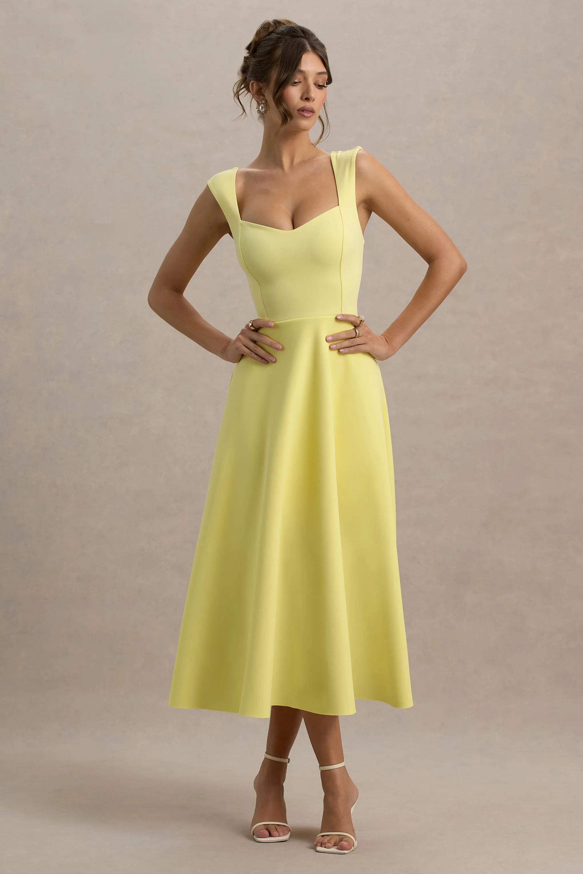 Andromeda | Lemon Sweetheart-Neck Midi Dress sold by Club L London