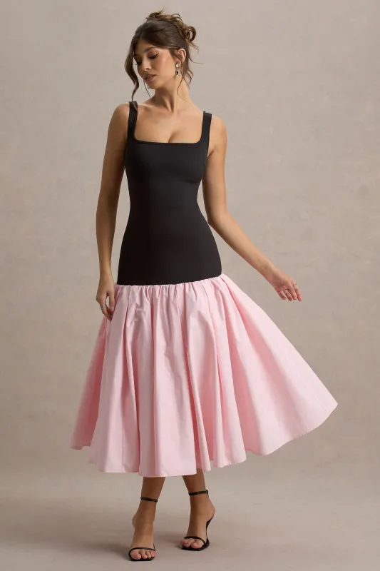 Parida | Black & Pink Poplin Drop-Waist Midi Dress With Peplum Hem sold by Club L London