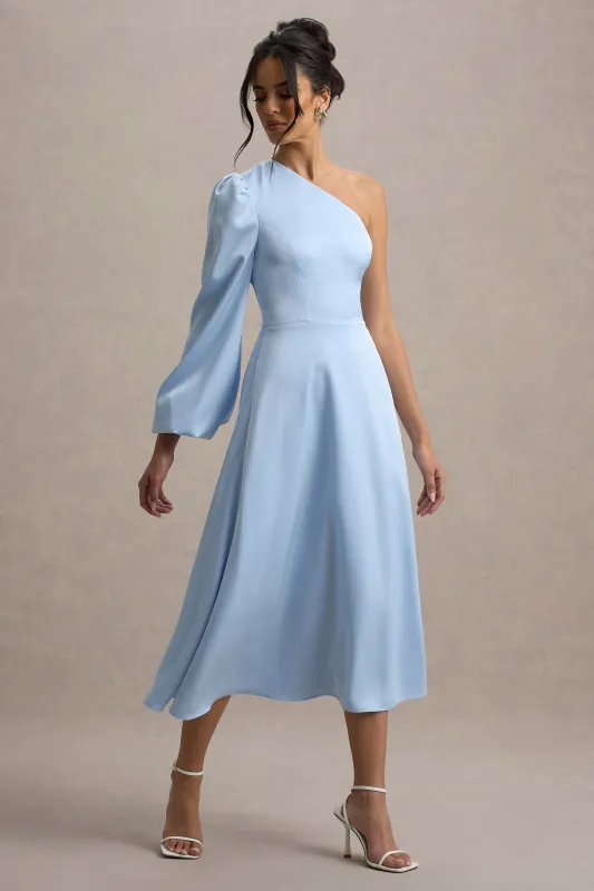 Haila | Powder Blue Satin One-Shoulder Mini Dress sold by Club L London