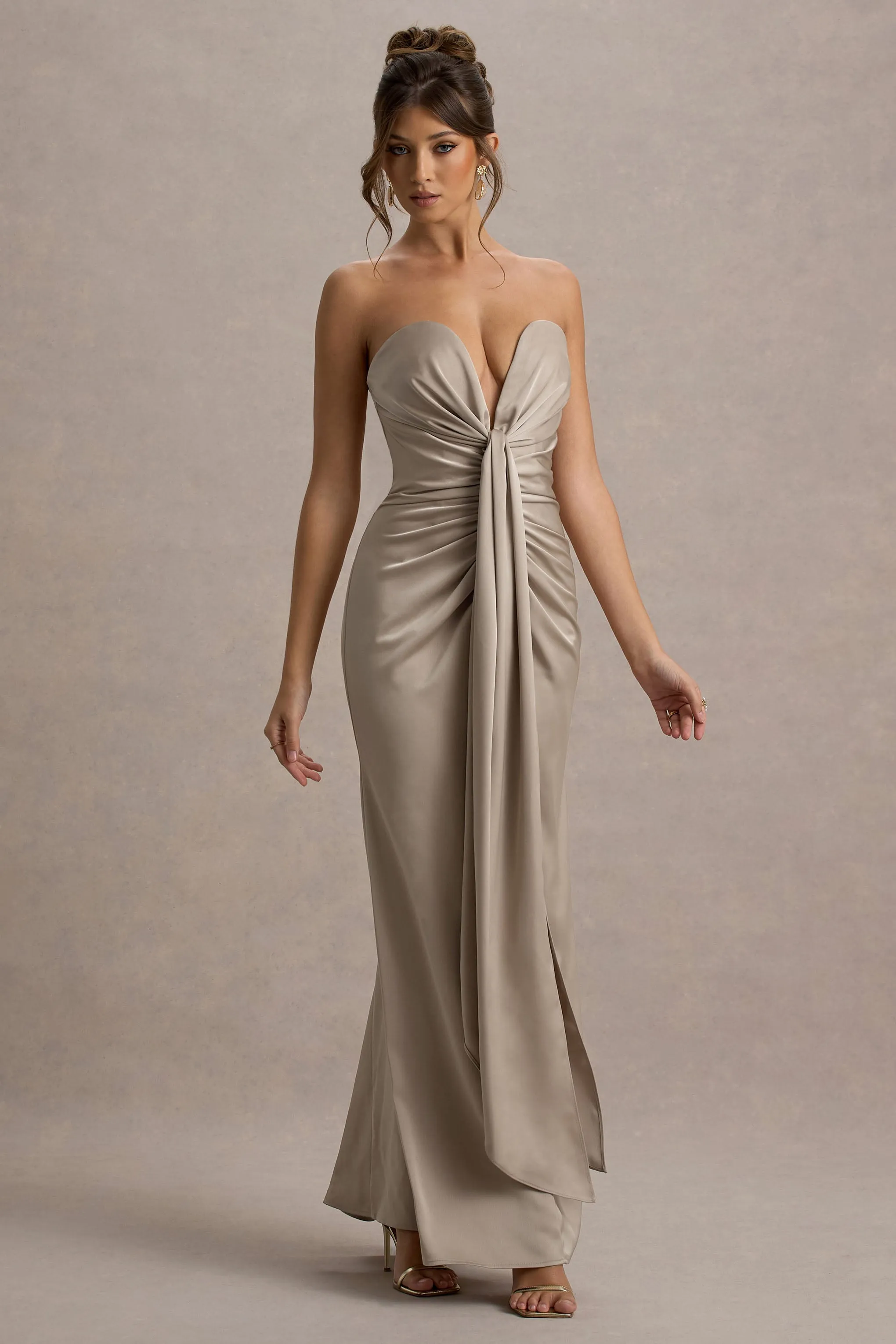 Mackenzie | Champagne Satin Plunge-Neck Draped Maxi Dress sold by Club L London product image thumbnail 5