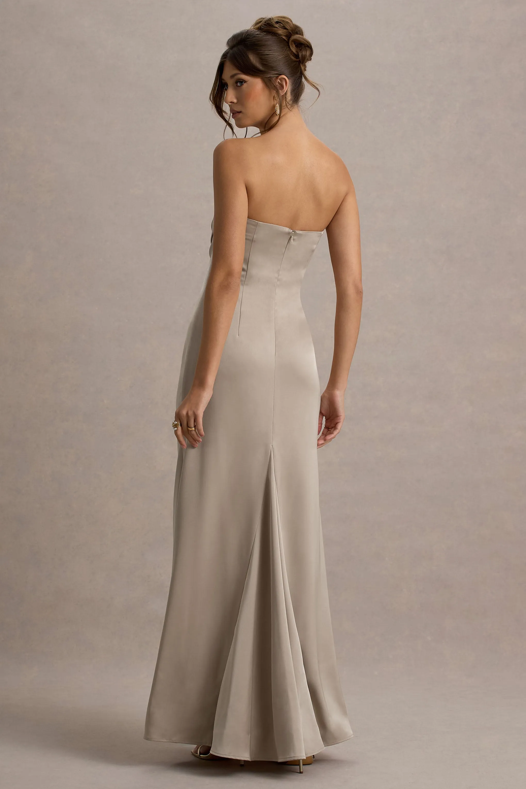 Mackenzie | Champagne Satin Plunge-Neck Draped Maxi Dress sold by Club L London product image thumbnail 2
