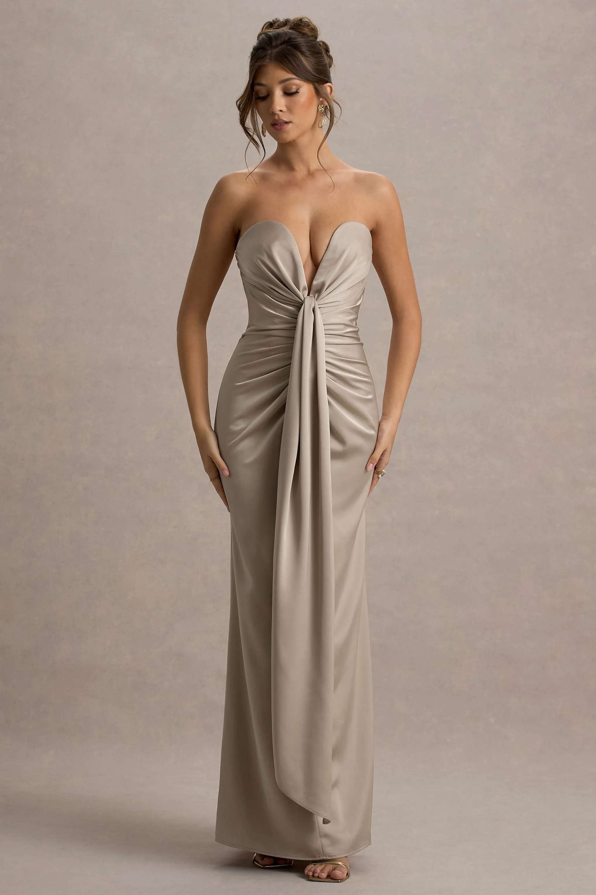 Mackenzie | Champagne Satin Plunge-Neck Draped Maxi Dress sold by Club L London