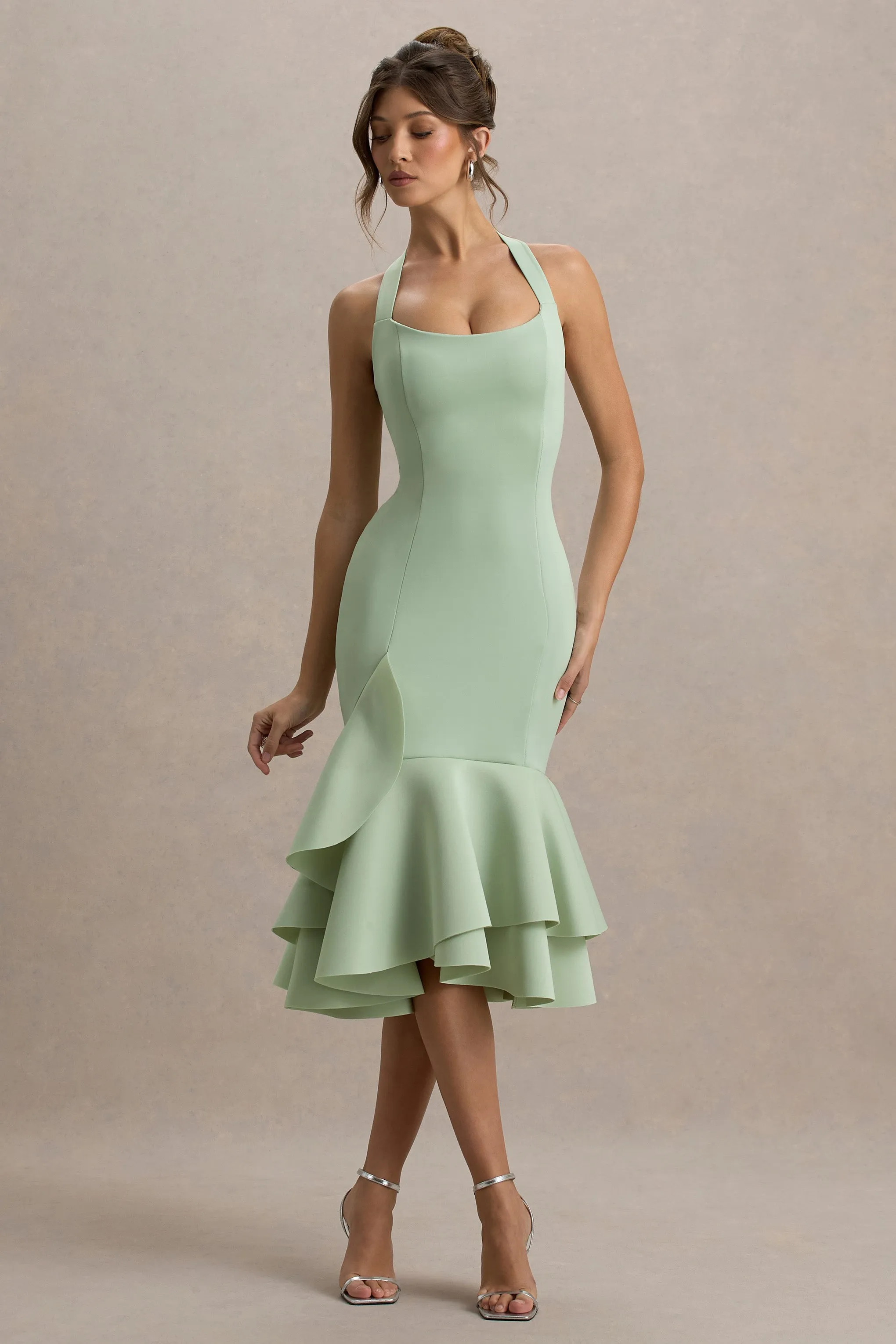 Arla | Light Green Halter Neck Ruffle Trim Midi Dress sold by Club L London