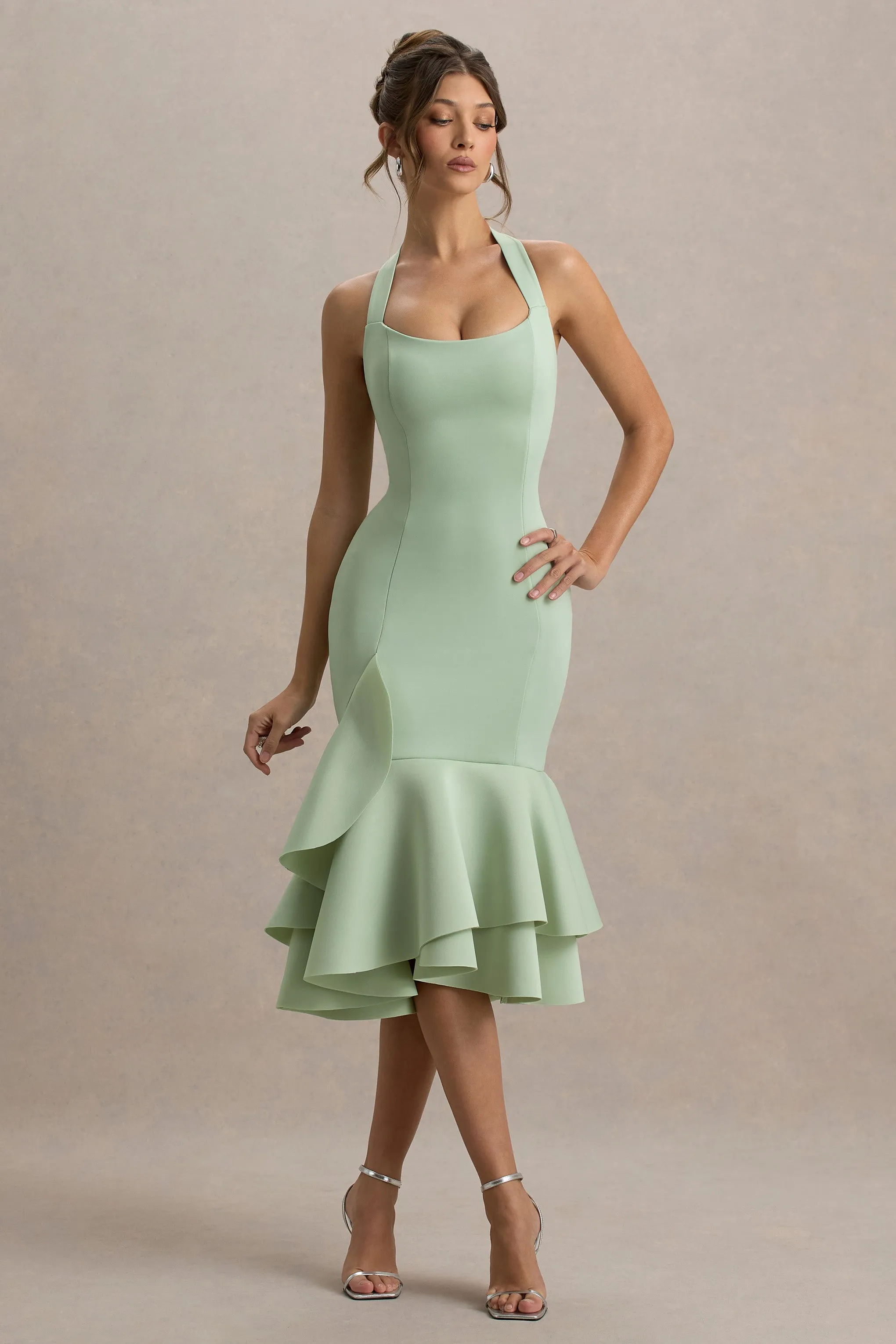Arla | Light Green Halter Neck Ruffle Trim Midi Dress sold by Club L London product image thumbnail 5