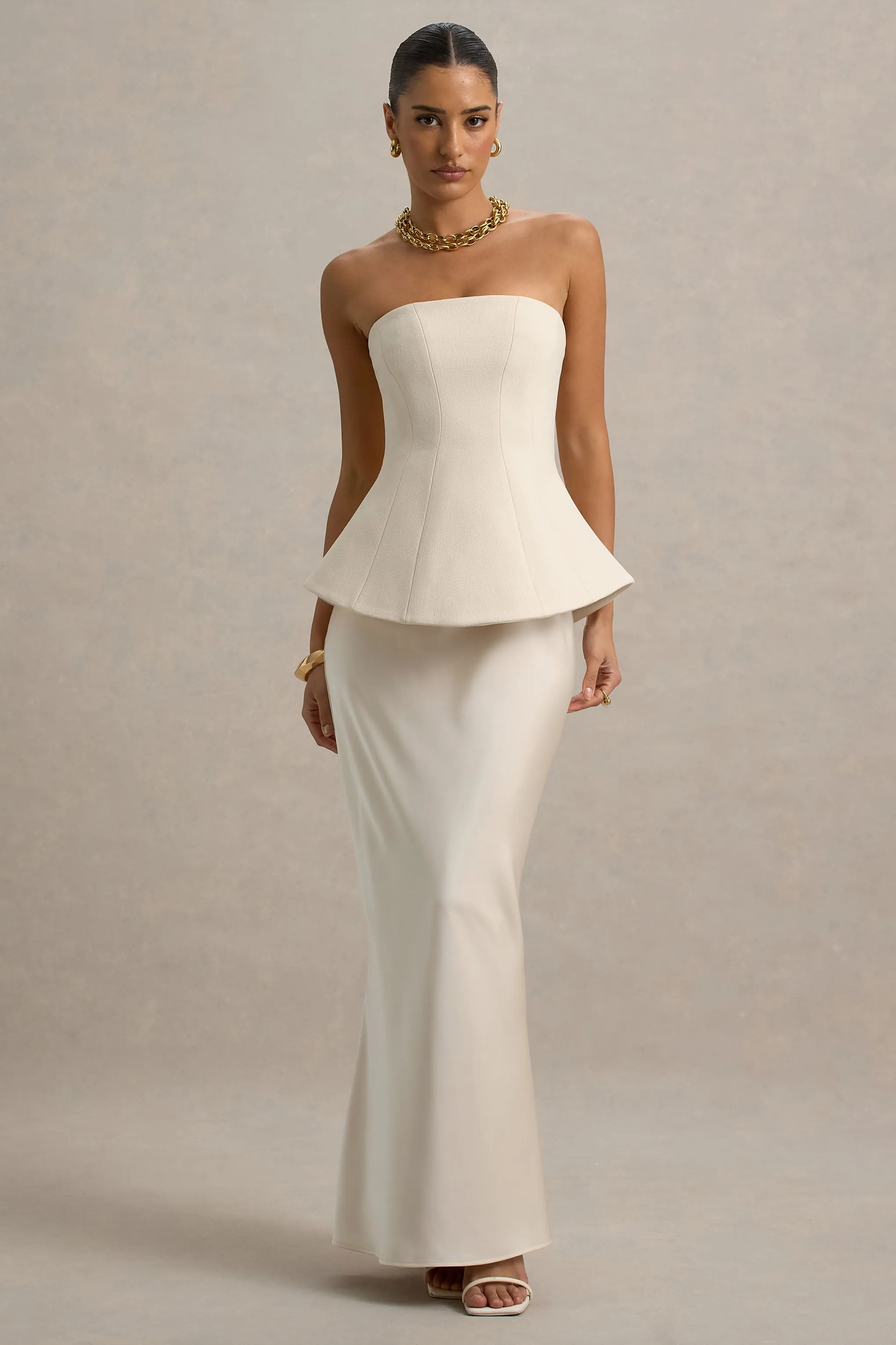 Ohio | Champagne Strapless Corset Maxi Dress sold by Club L London