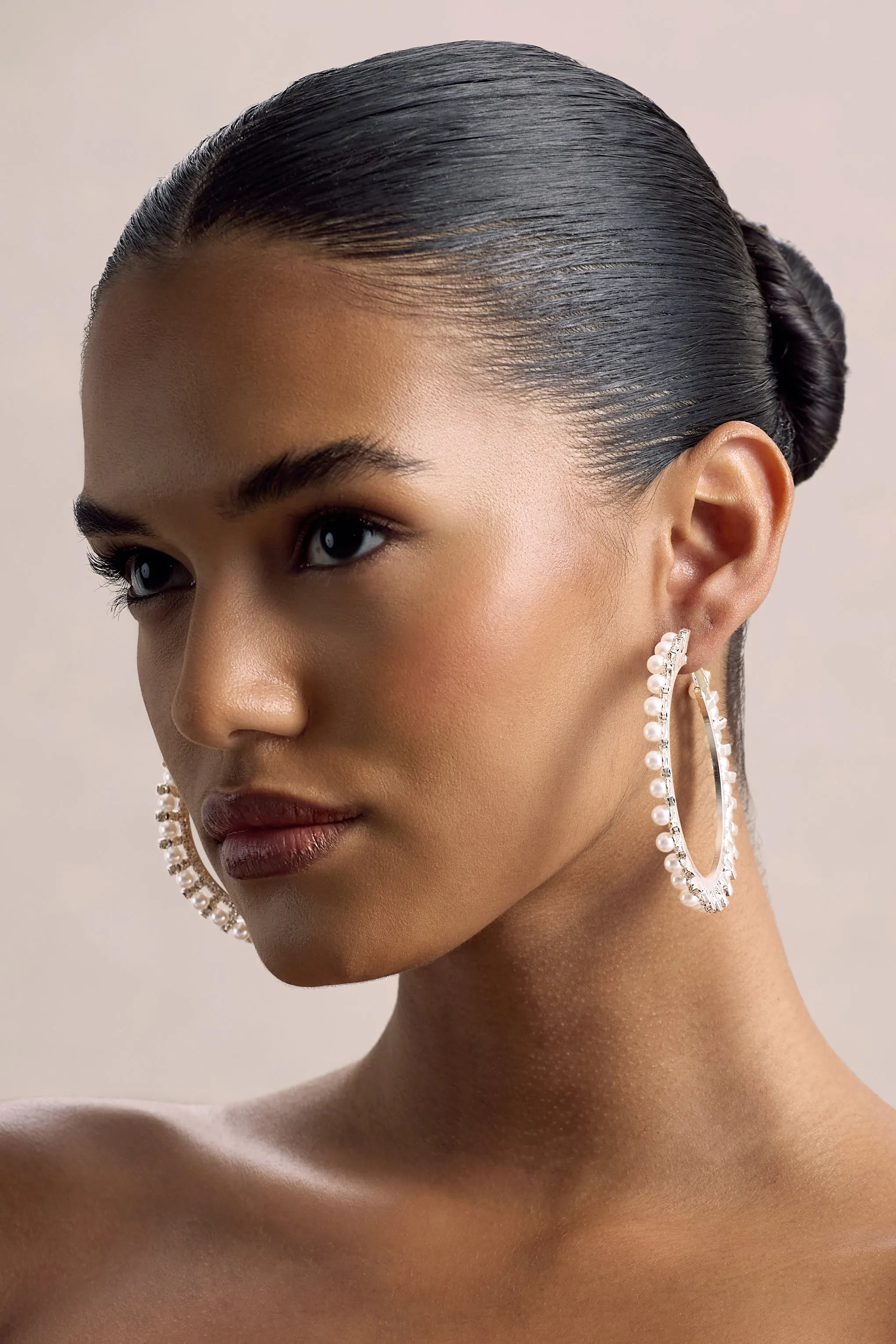 Delfina | Silver Pearl Hoops Earrings sold by Club L London product image thumbnail 3