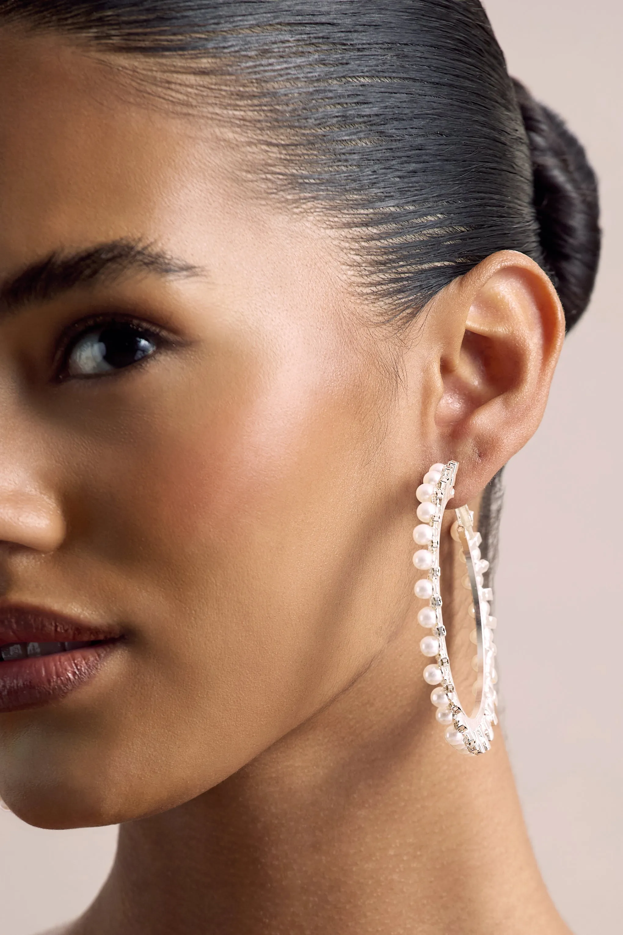 Delfina | Silver Pearl Hoops Earrings sold by Club L London product image thumbnail 2