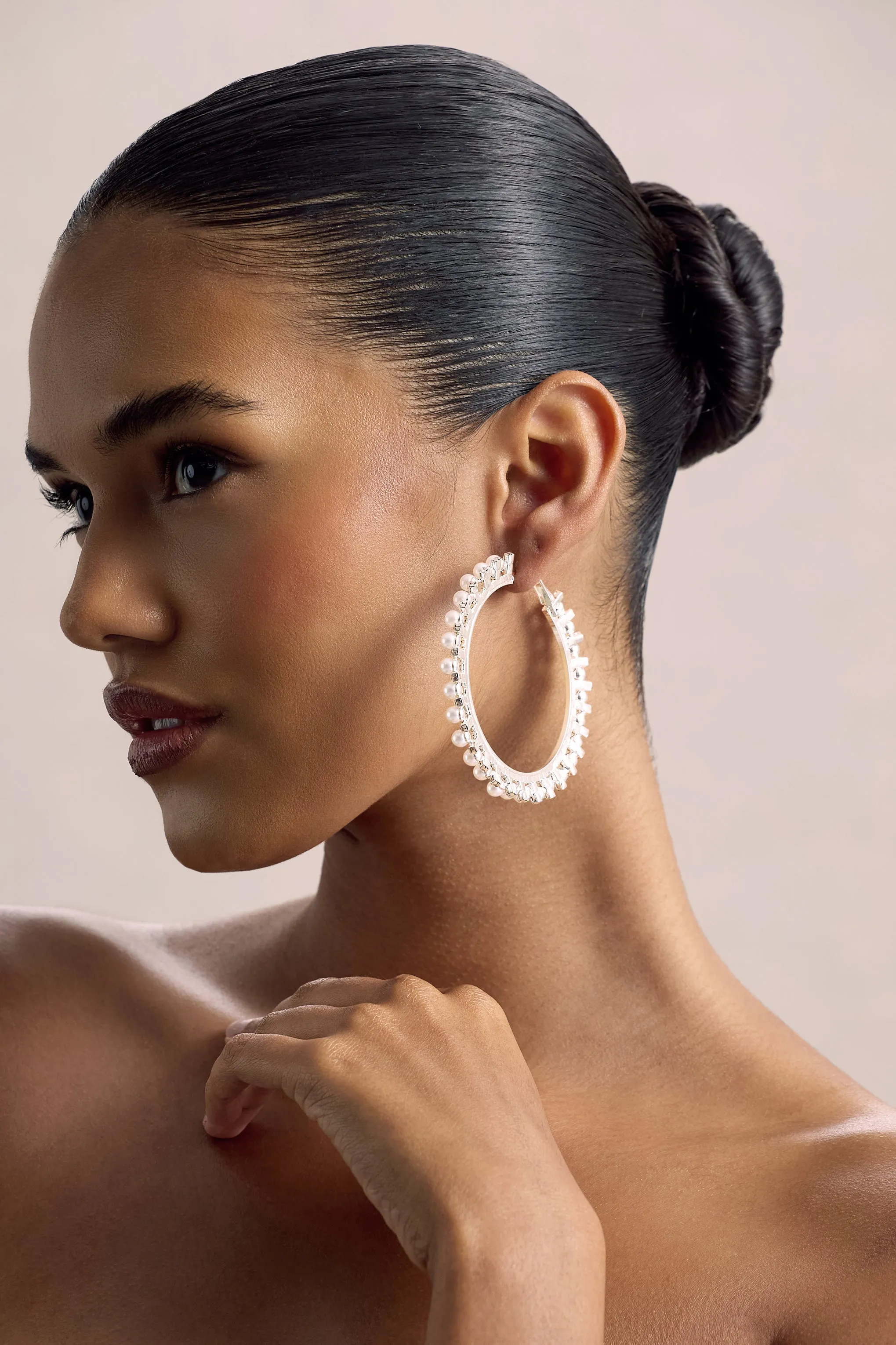 Delfina | Silver Pearl Hoops Earrings sold by Club L London