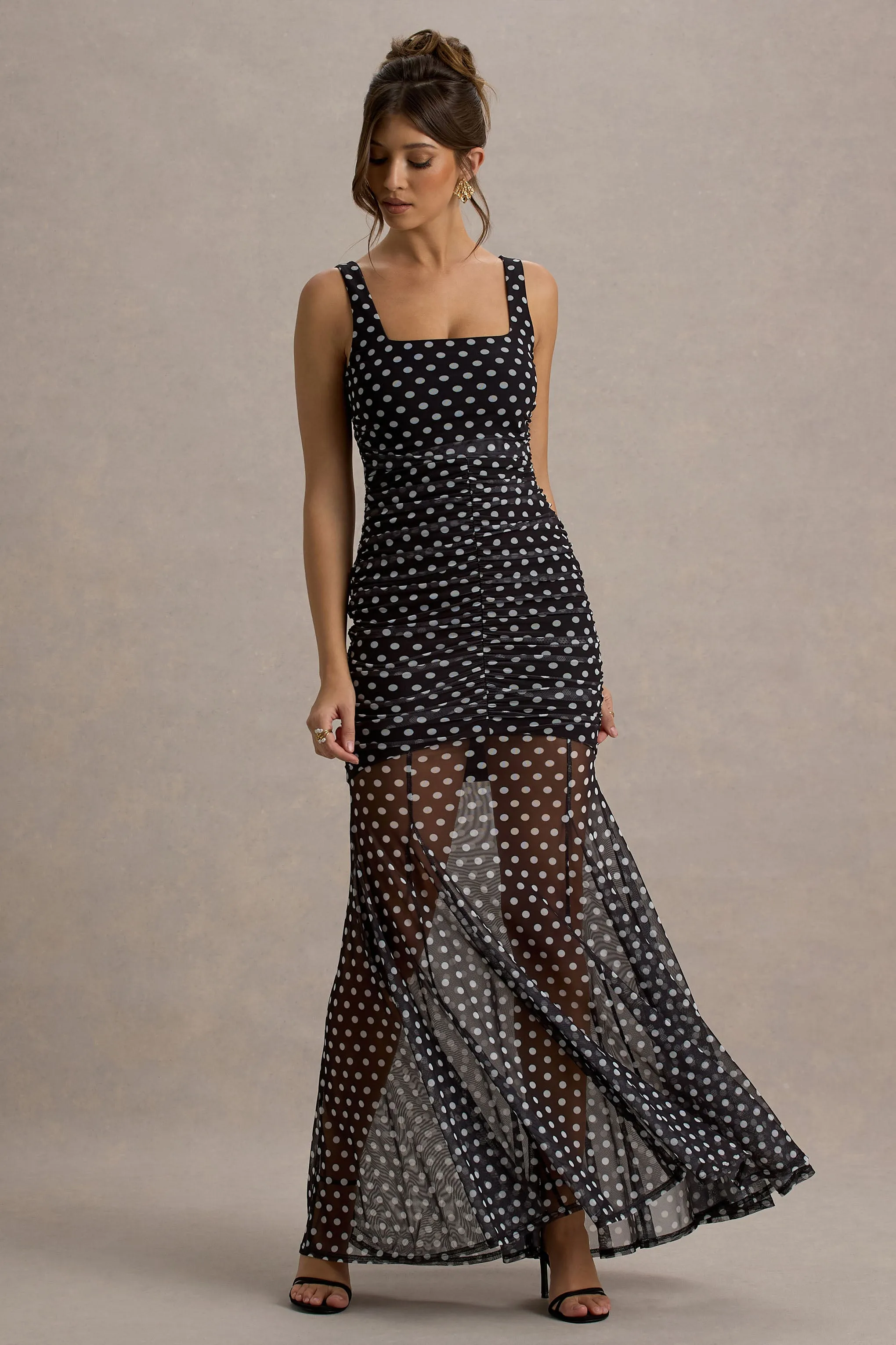 Galaxia | Black & White Polka Dot Maxi Dress With Mesh Skirt sold by Club L London product image thumbnail 4