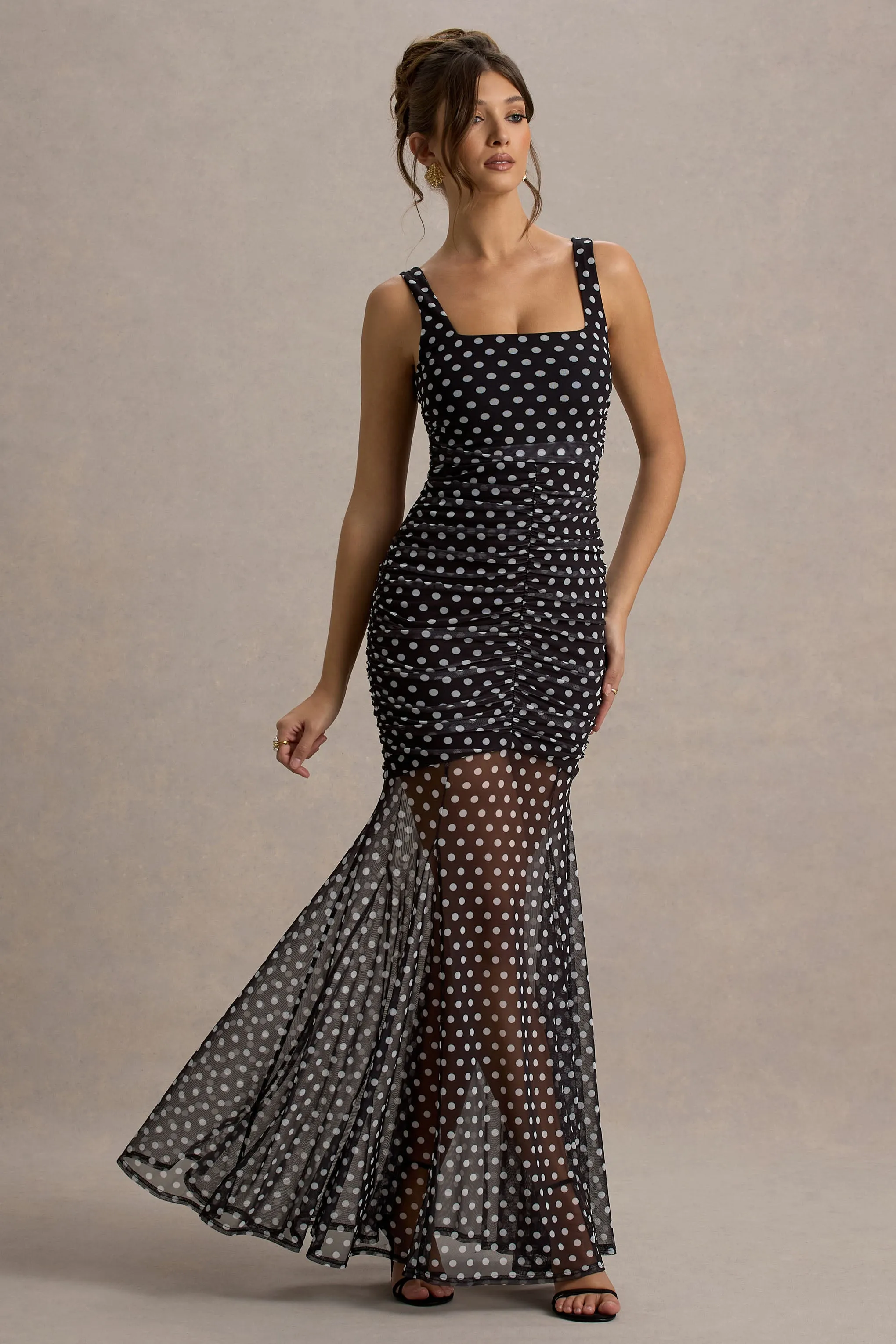 Galaxia | Black & White Polka Dot Maxi Dress With Mesh Skirt sold by Club L London