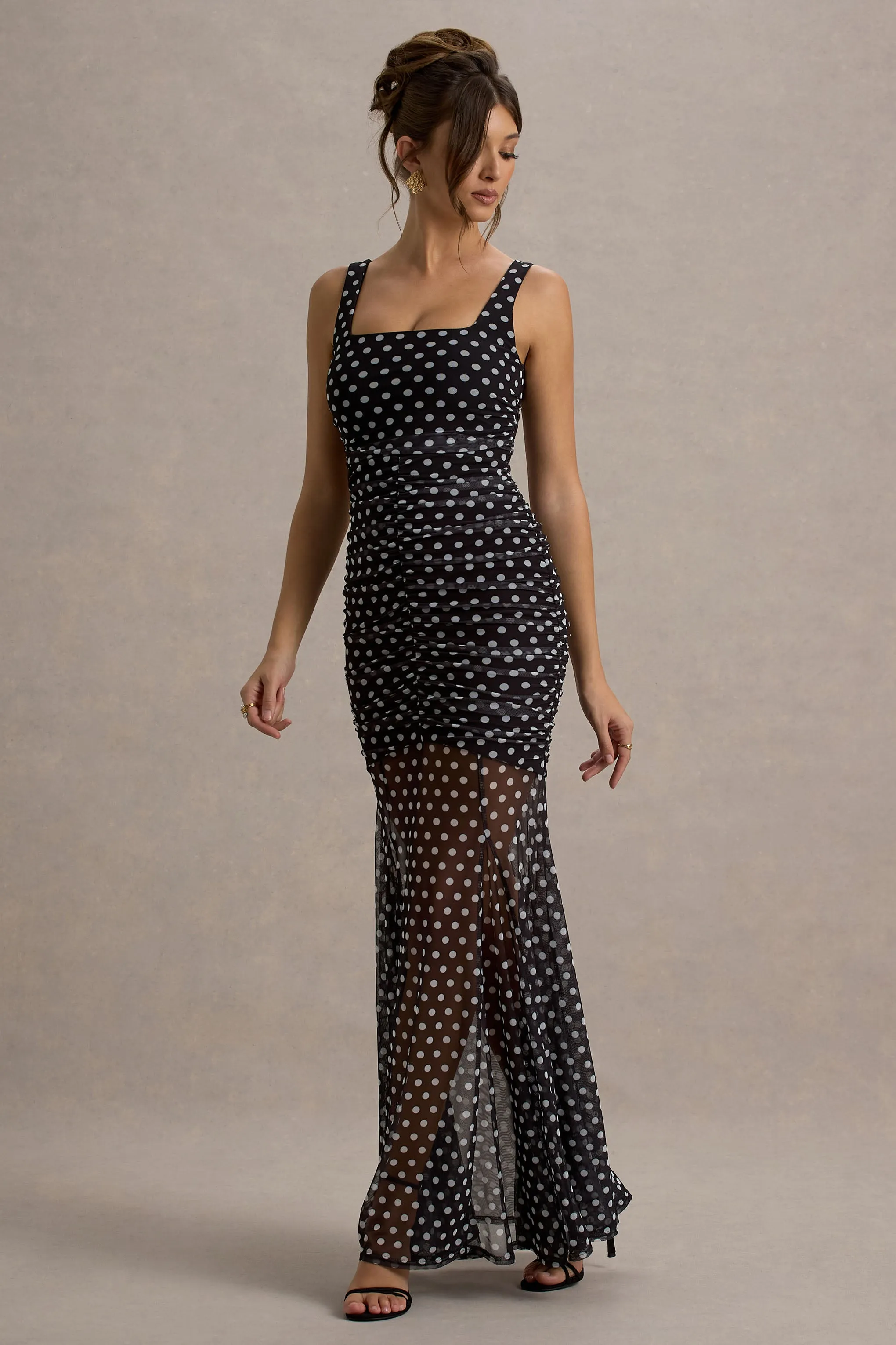 Galaxia | Black & White Polka Dot Maxi Dress With Mesh Skirt sold by Club L London product image thumbnail 5