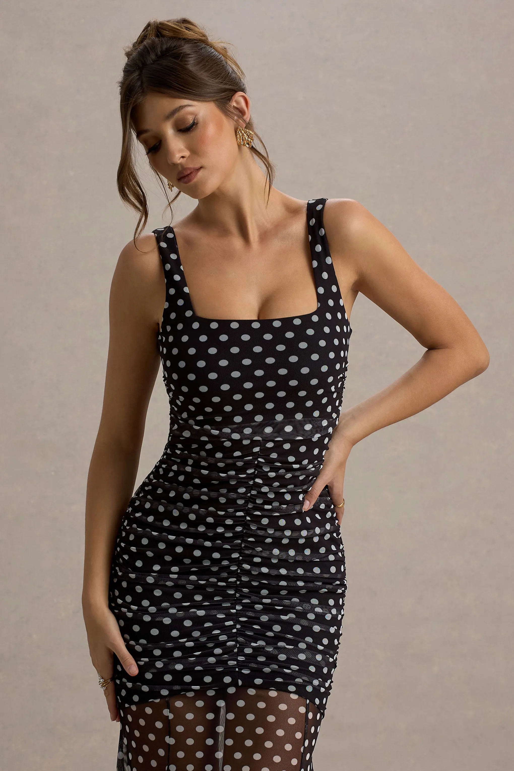 Galaxia | Black & White Polka Dot Maxi Dress With Mesh Skirt sold by Club L London product image thumbnail 3