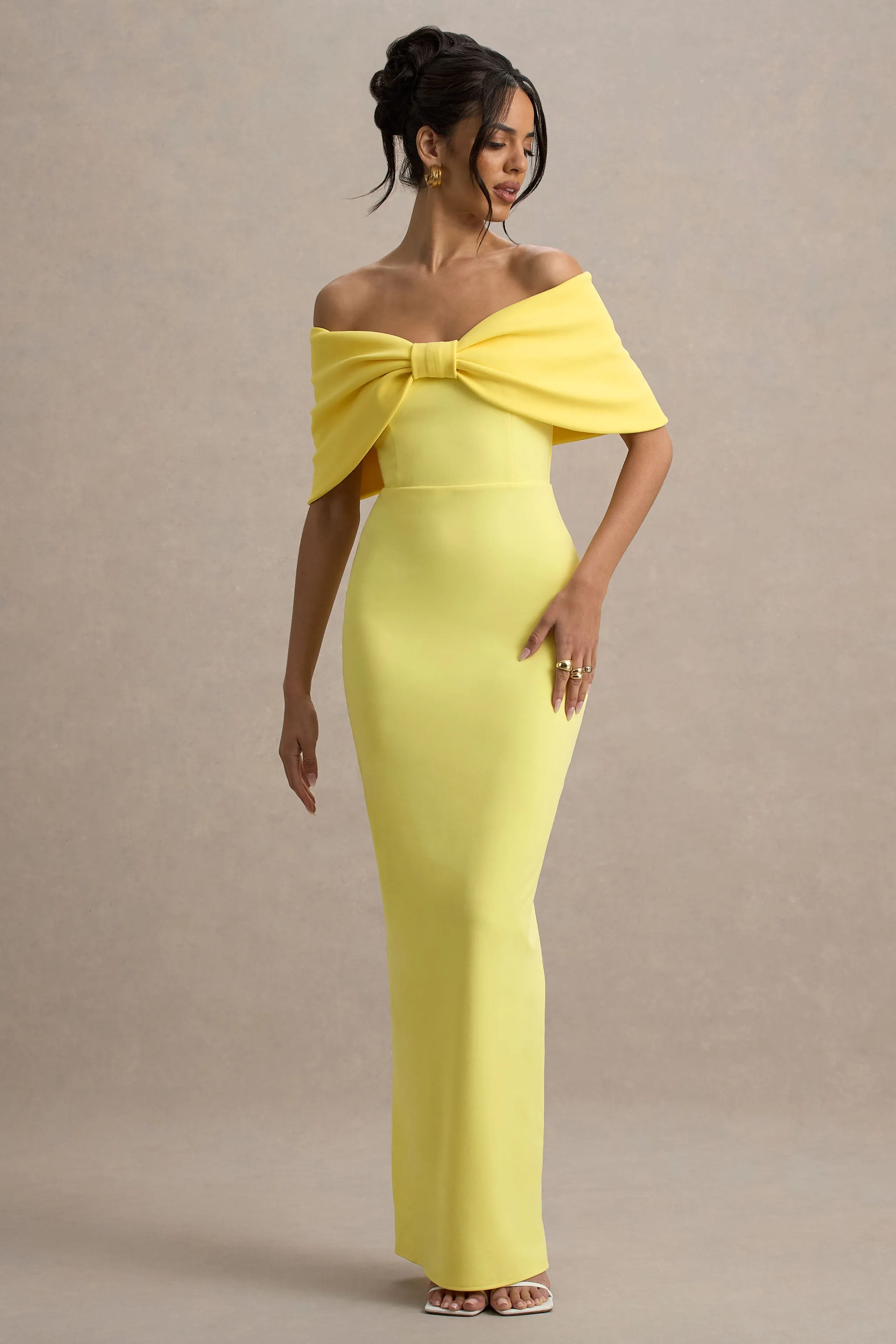 Cornelia | Lemon Strapless Maxi Dress With Oversized Bow sold by Club L London