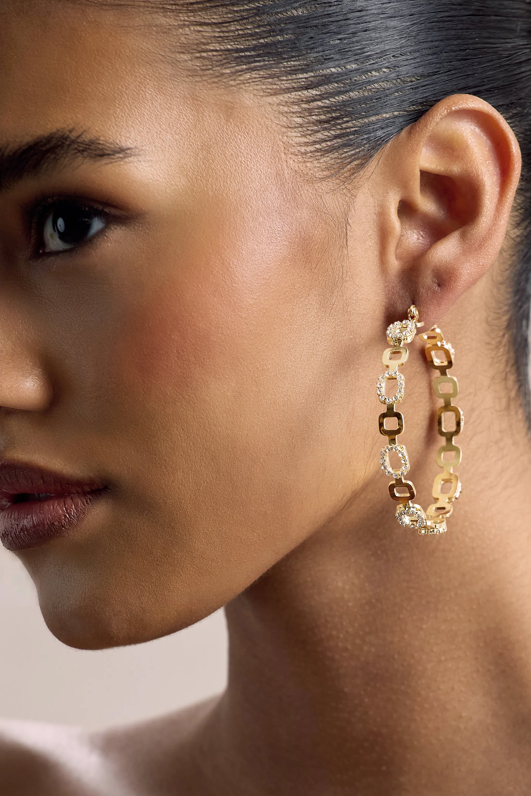 Interlinked | Gold Diamante Chain Hoop Earrings sold by Club L London product image thumbnail 2