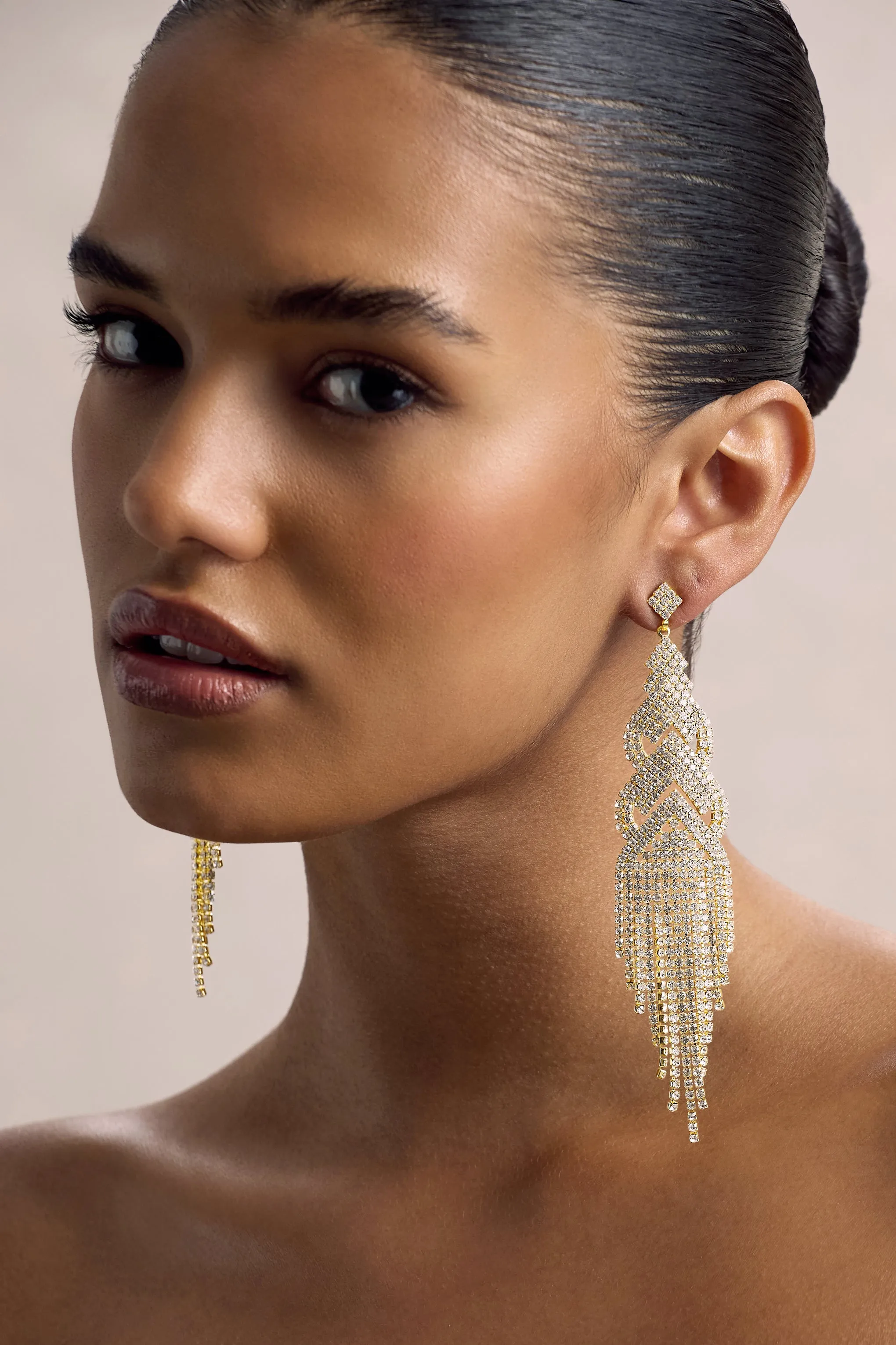 Adorn | Gold Diamante Statement Tassel Drop Earrings sold by Club L London product image thumbnail 3