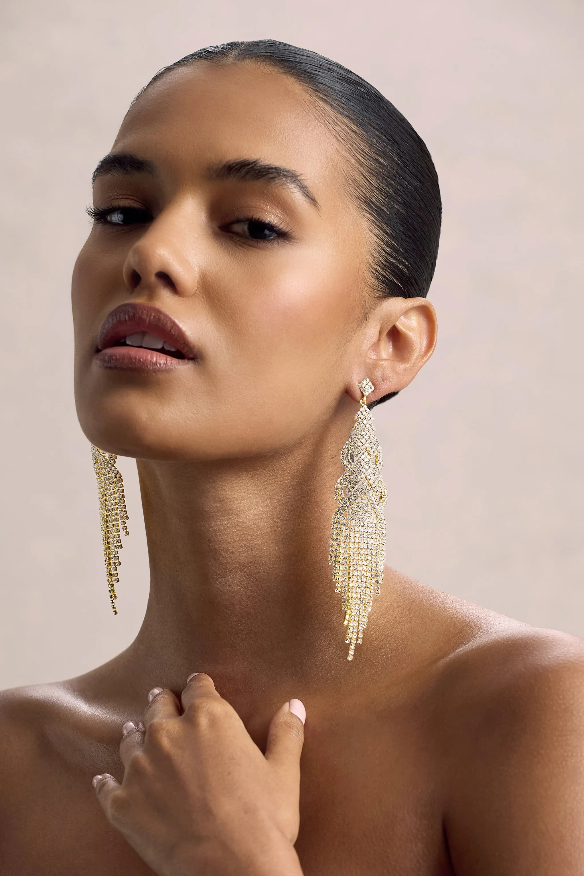 Adorn | Gold Diamante Statement Tassel Drop Earrings sold by Club L London product image thumbnail 2