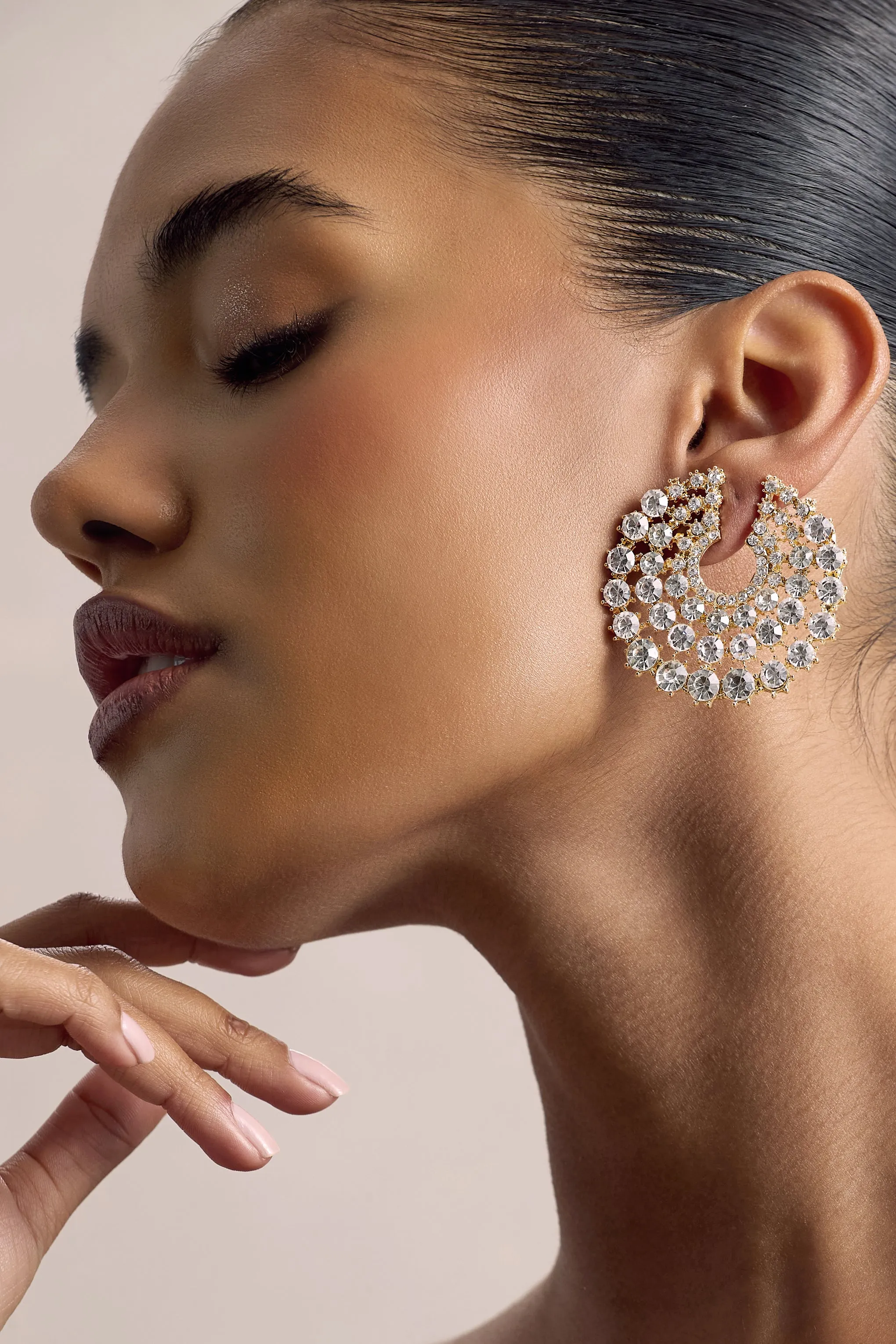 Sparkler | Gold Diamante Statement Circle Earrings sold by Club L London