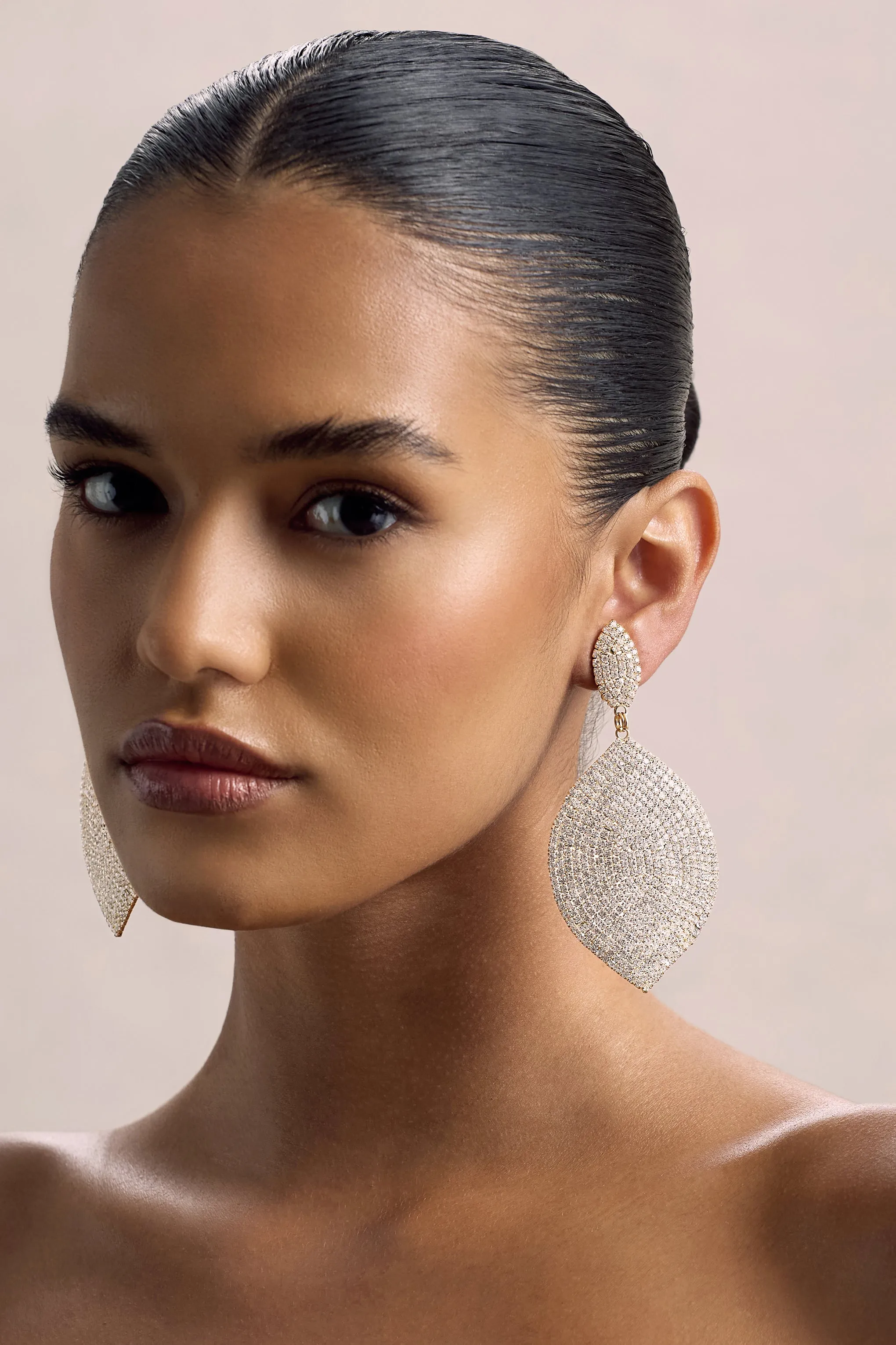 Ego | Gold Diamante Leaf Drop Earrings sold by Club L London product image thumbnail 4