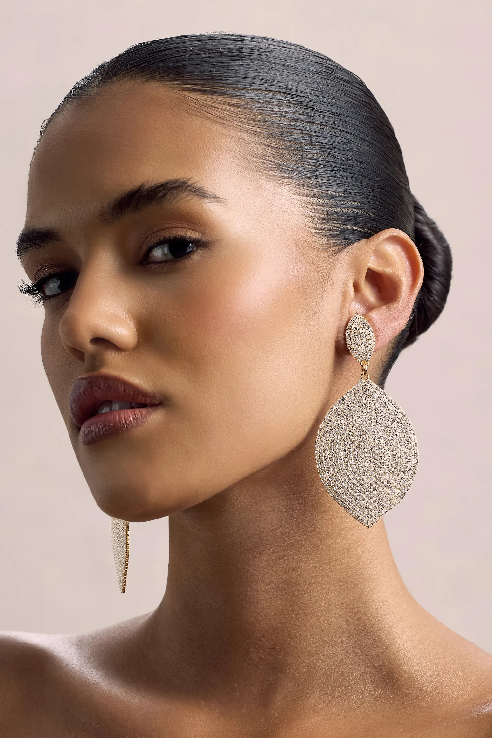 Ego | Gold Diamante Leaf Drop Earrings sold by Club L London product image thumbnail 3