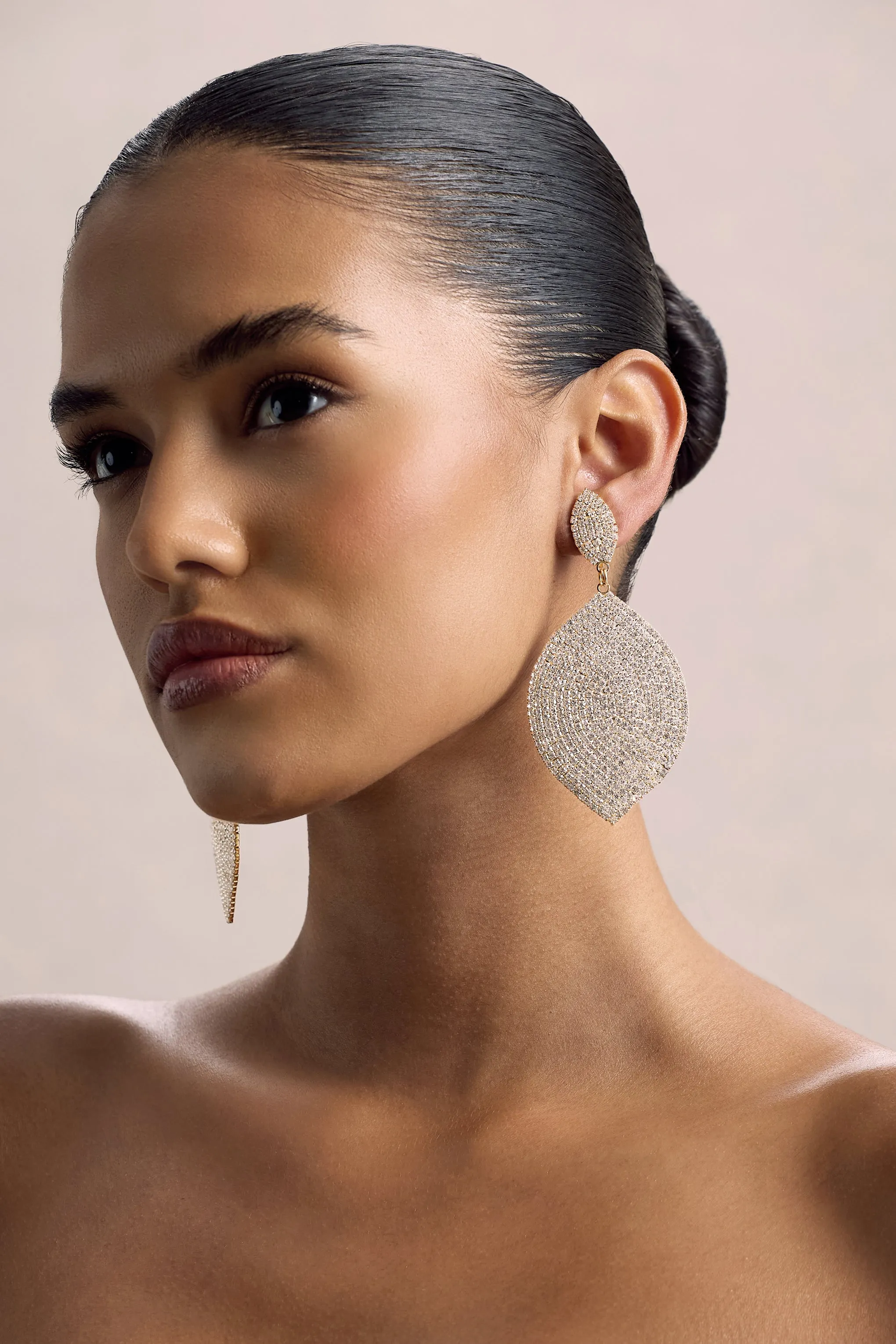 Ego | Gold Diamante Leaf Drop Earrings sold by Club L London