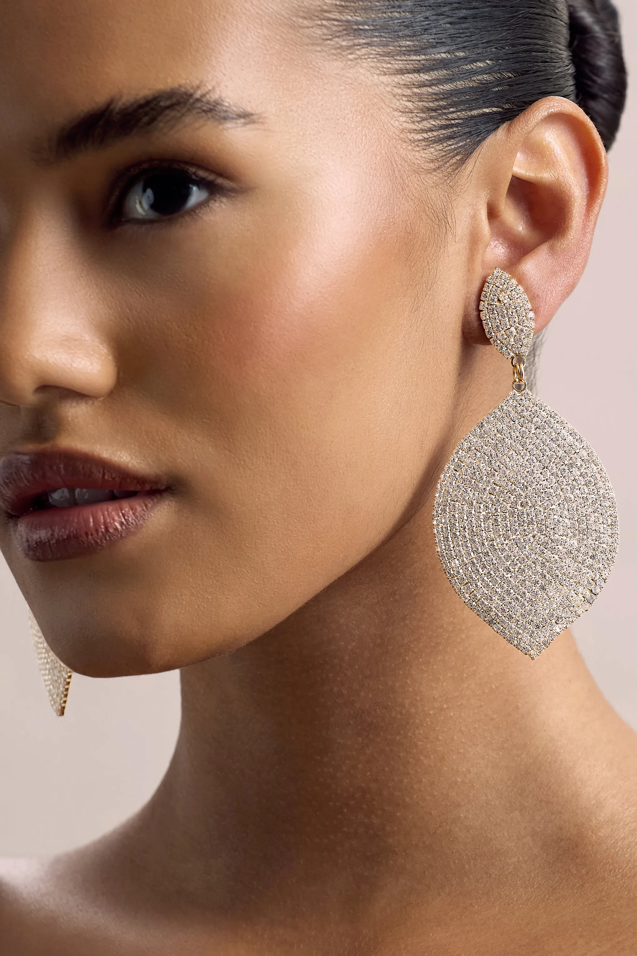 Ego | Gold Diamante Leaf Drop Earrings sold by Club L London product image thumbnail 2