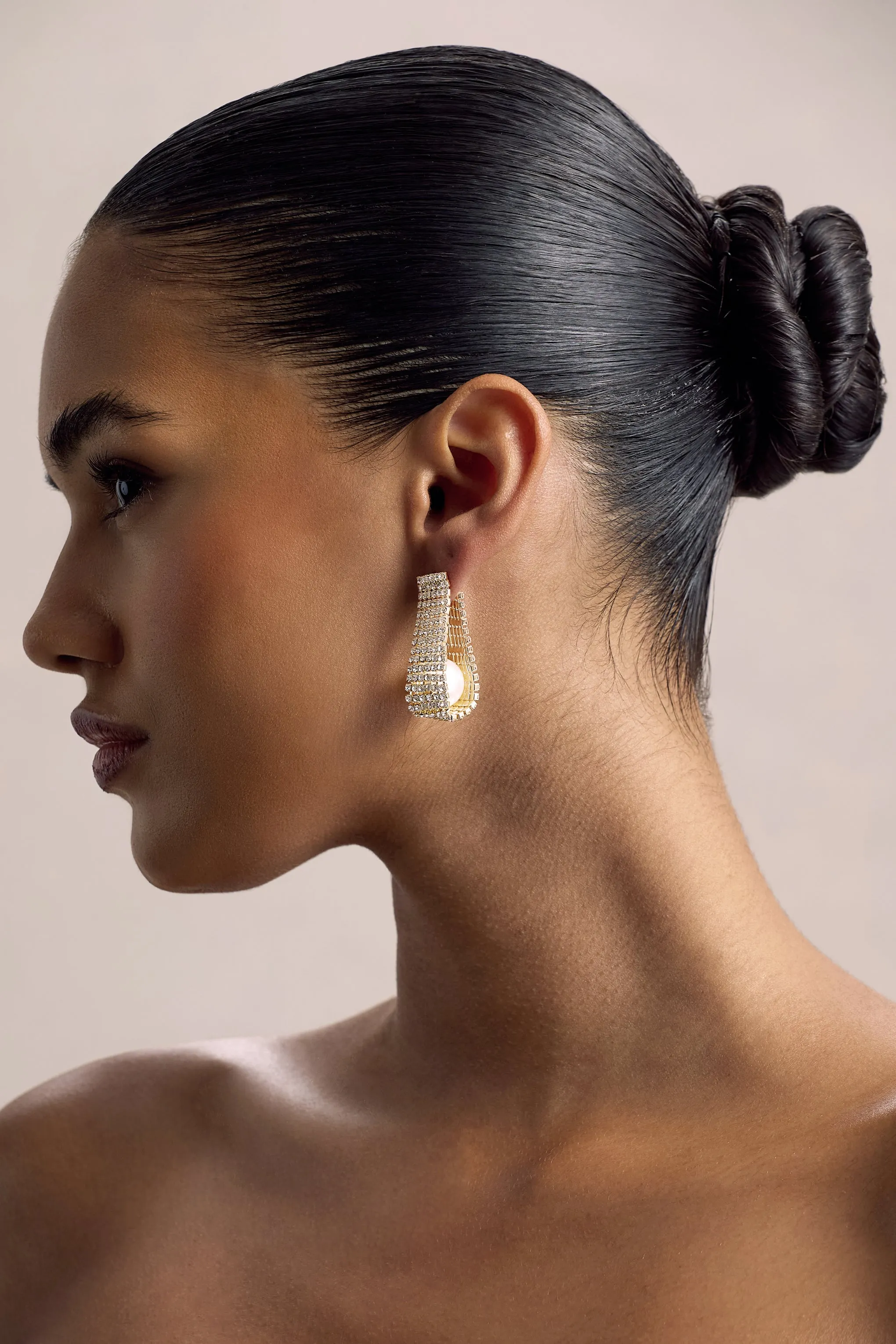 Lumen | Gold Diamante Pearl Statement Earrings sold by Club L London product image thumbnail 3