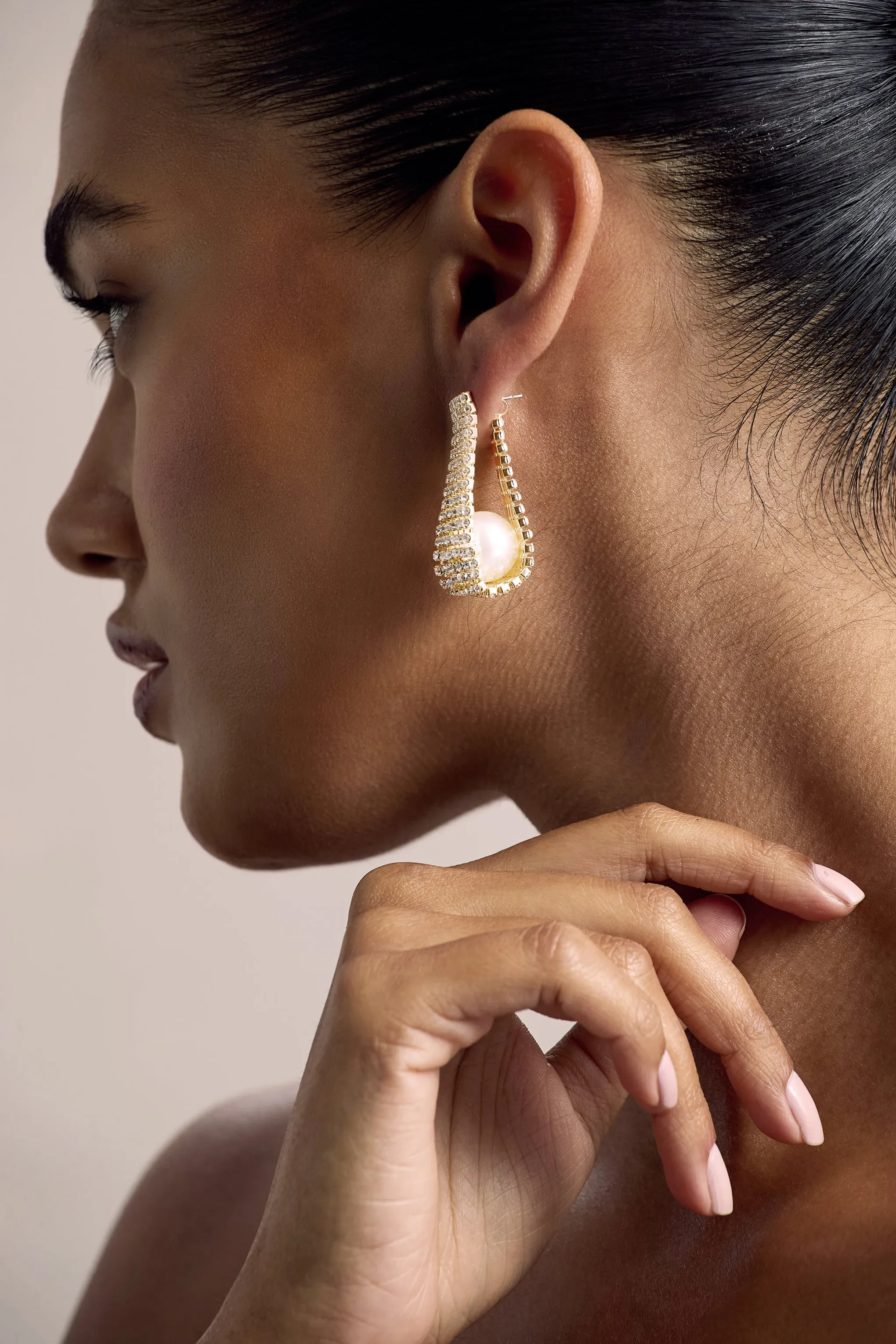 Lumen | Gold Diamante Pearl Statement Earrings sold by Club L London product image thumbnail 4