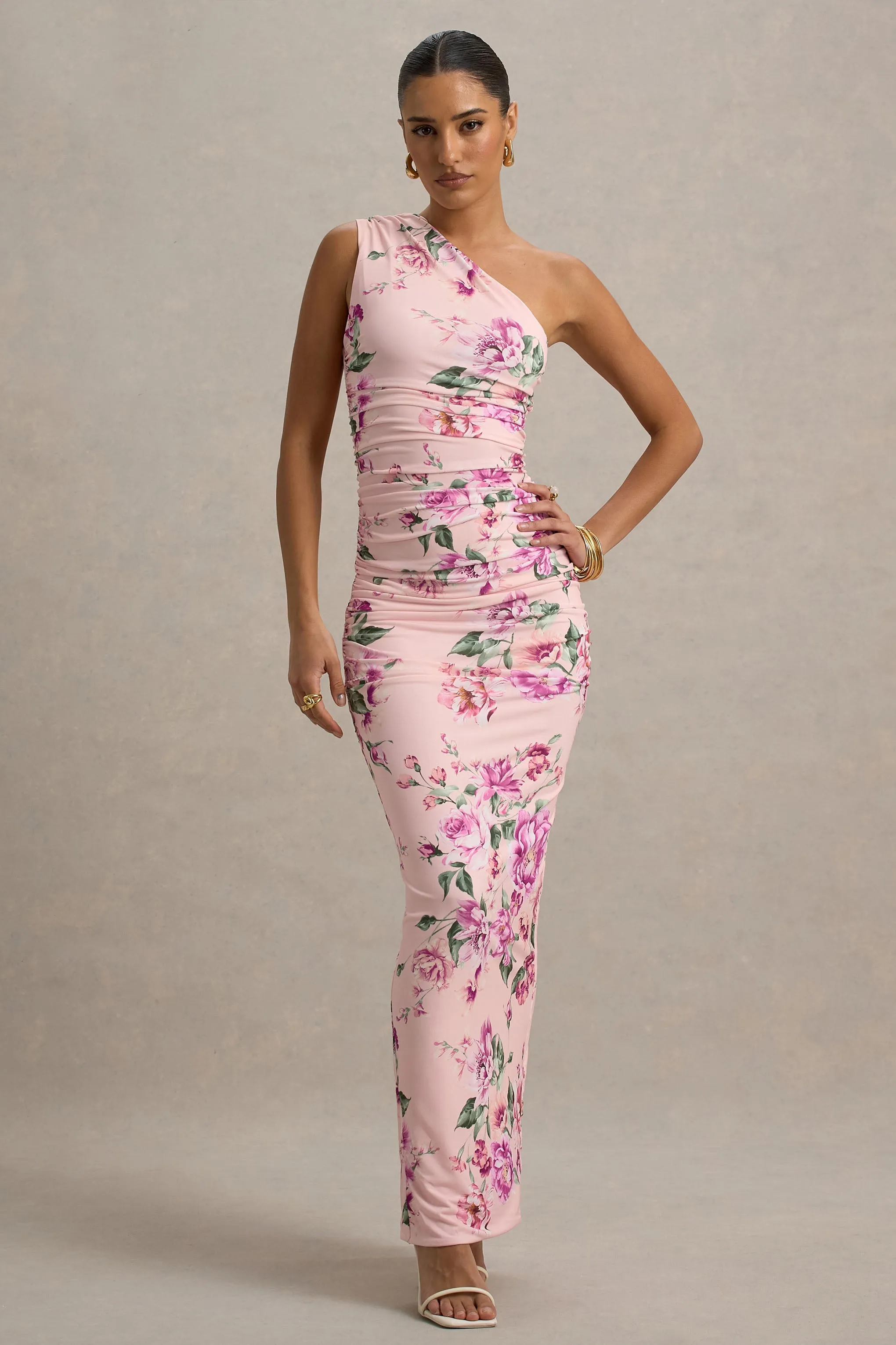 Dalarie | Pink Floral Print One-Shoulder Gathered Maxi Dress sold by Club L London