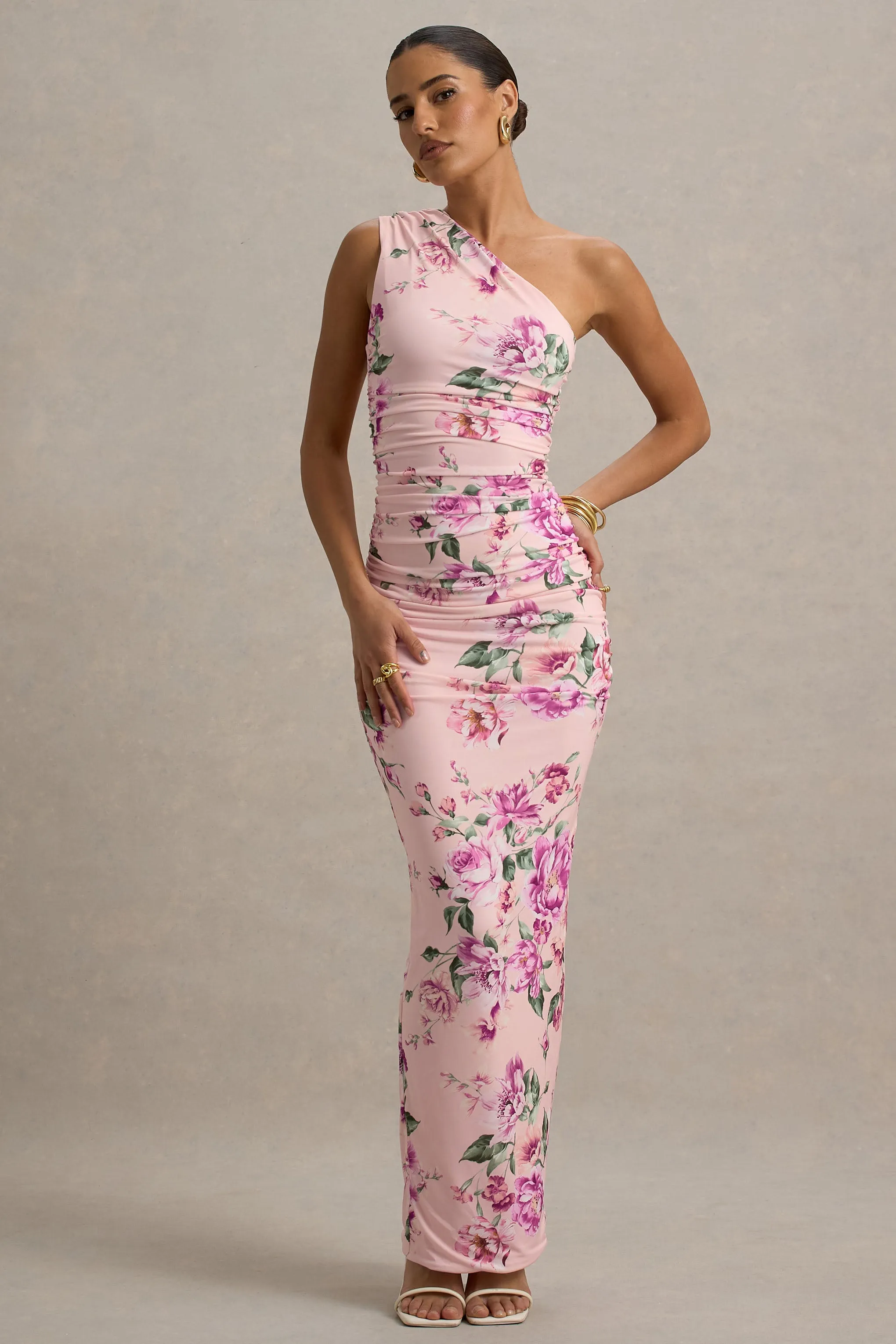 Dalarie | Pink Floral Print One-Shoulder Gathered Maxi Dress sold by Club L London product image thumbnail 4