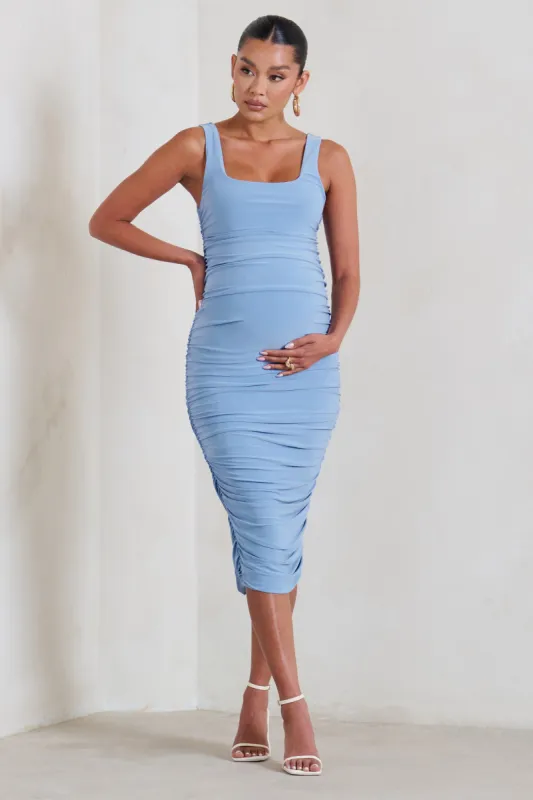 Lisbon | Powder Blue Maternity Square Neck Ruched Midi Dress sold by Club L London