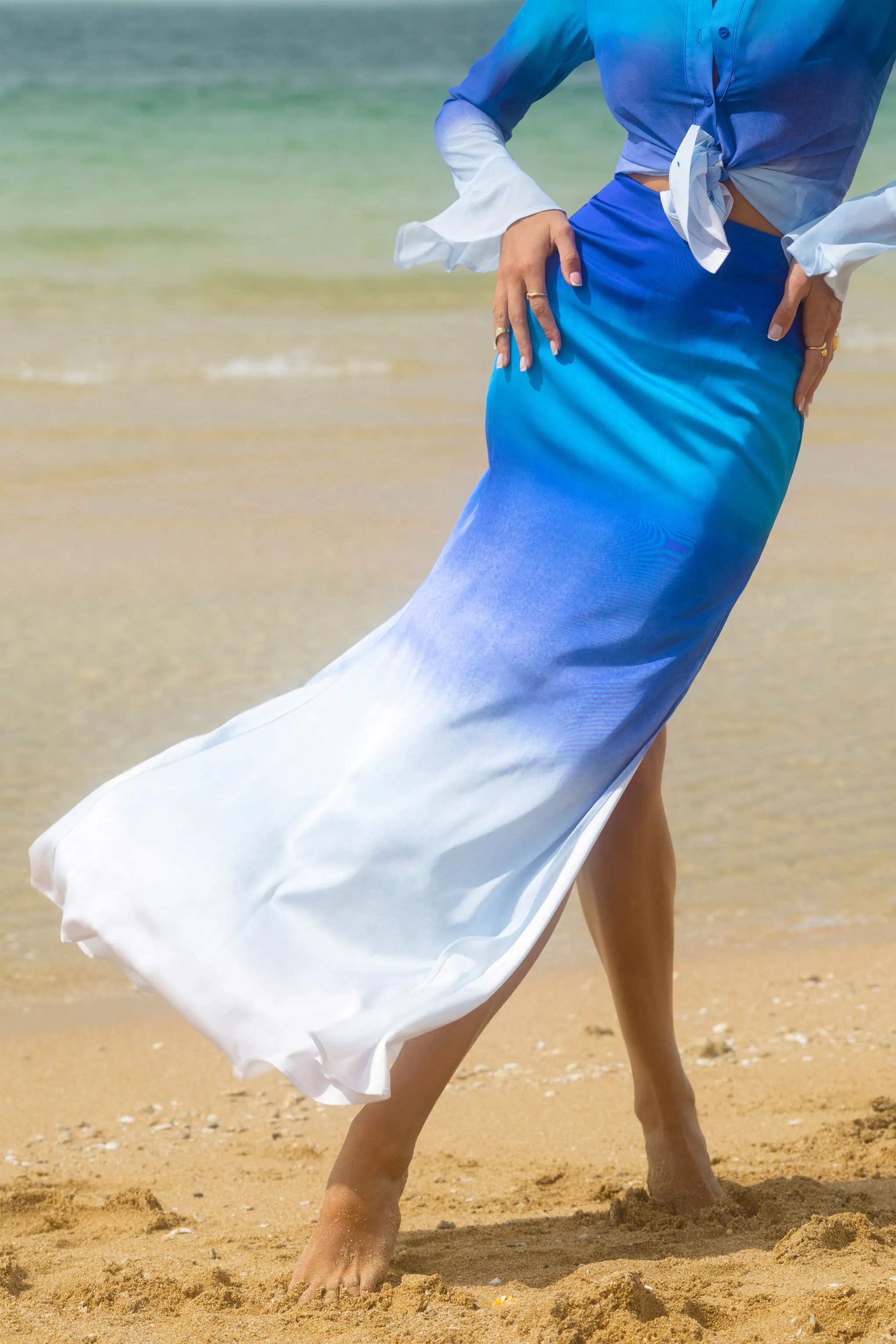 Serita | Blue Ombre Satin Split Maxi Skirt sold by Club L London product image thumbnail 2