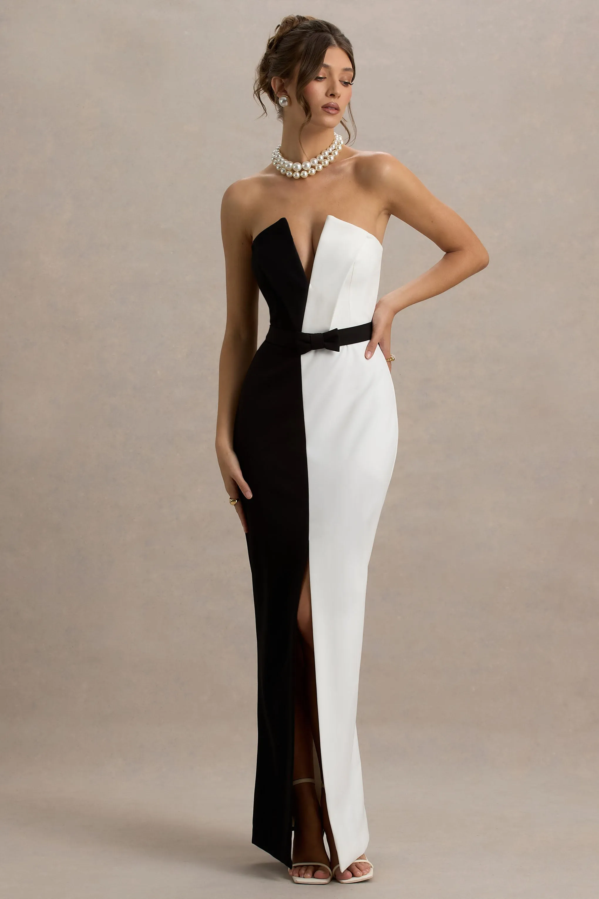 Beatrice | Black & White Plunge Bandeau Maxi Dress With High-Leg Split sold by Club L London product image thumbnail 4