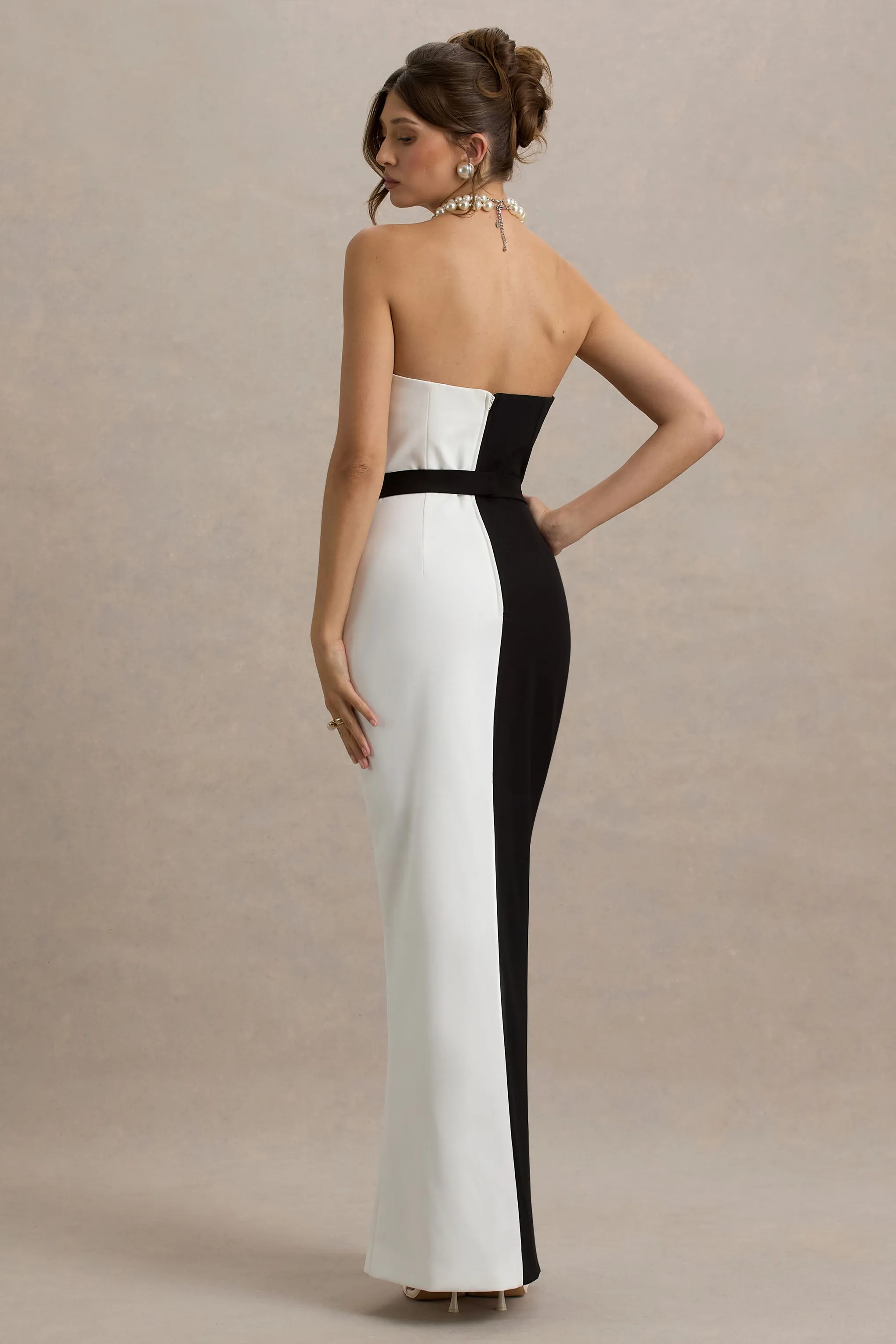 Beatrice | Black & White Plunge Bandeau Maxi Dress With High-Leg Split sold by Club L London product image thumbnail 2