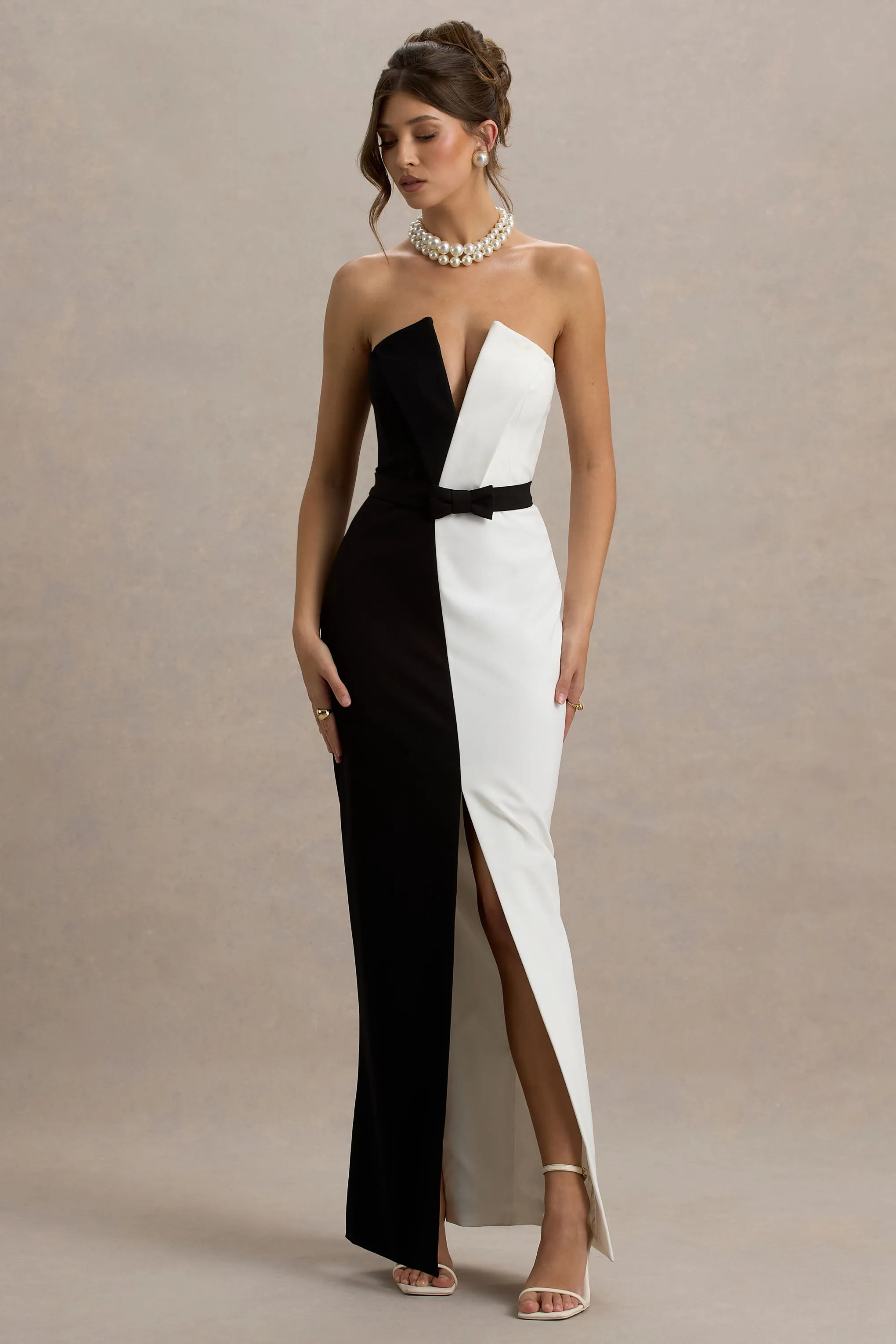 Beatrice | Black & White Plunge Bandeau Maxi Dress With High-Leg Split sold by Club L London product image thumbnail 5