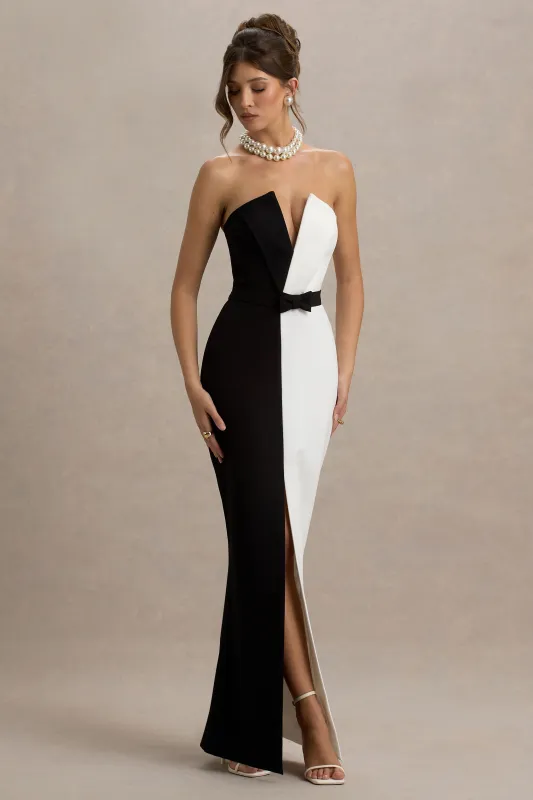 Beatrice | Black & White Plunge Bandeau Maxi Dress With High-Leg Split sold by Club L London