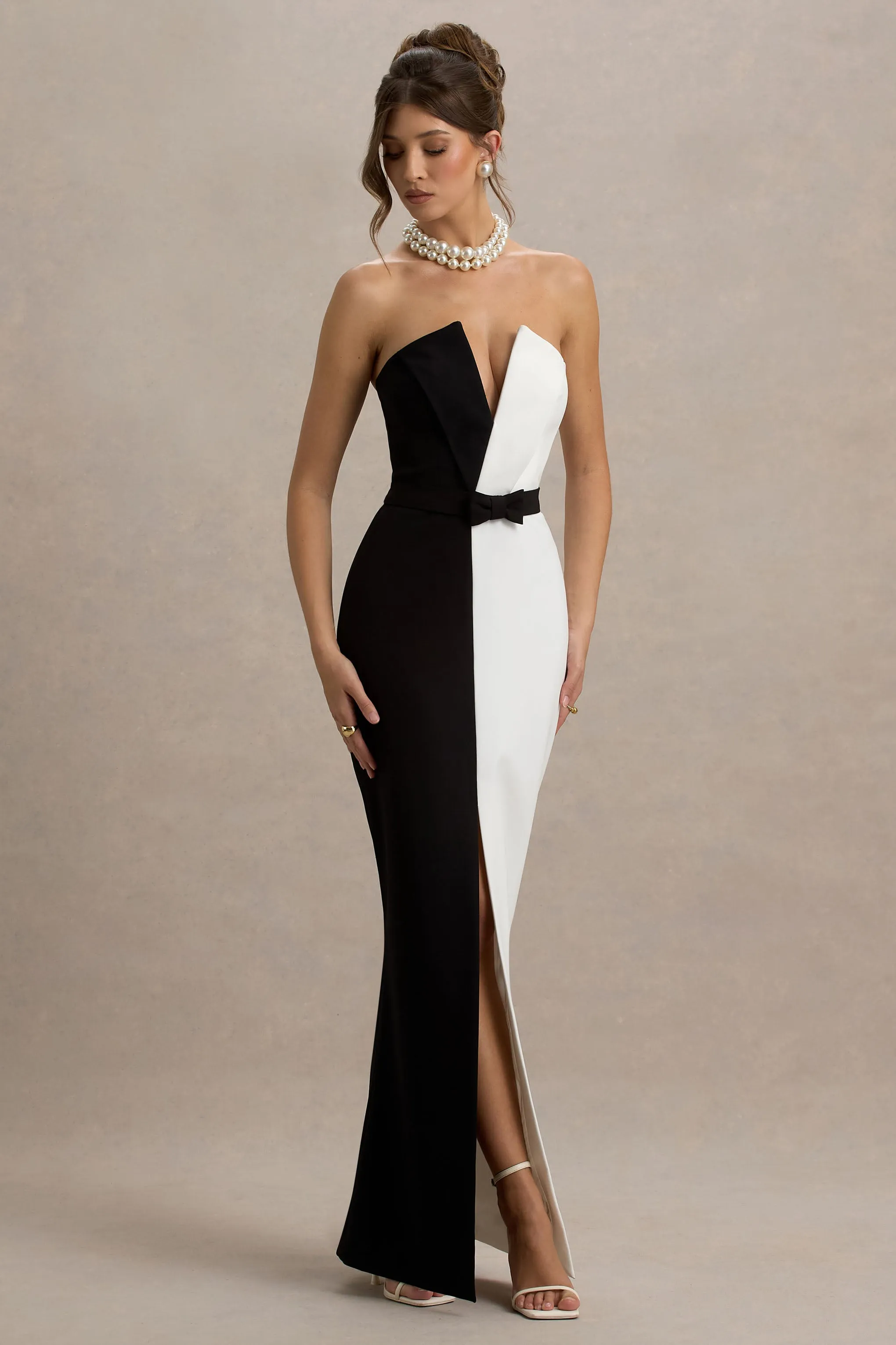 Beatrice | Black & White Plunge Bandeau Maxi Dress With High-Leg Split sold by Club L London